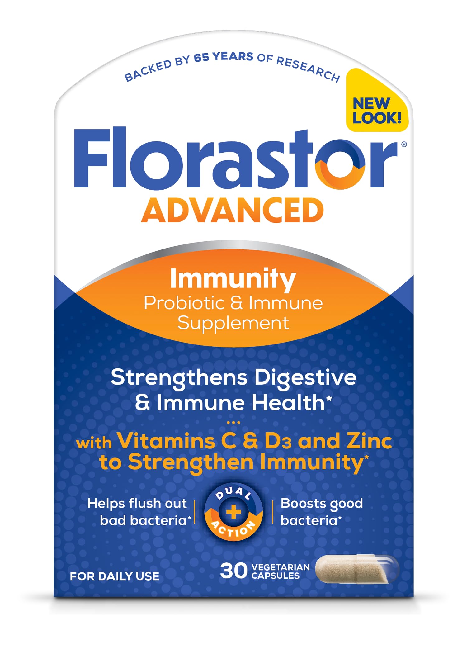 Florastor Advanced Immunity Boost Daily Probiotic & Immune Support Supplement for Women and Men, Saccharomyces Boulardii CNCM I-745 Plus Zinc, Vitamin C & D3 (30 Capsules)