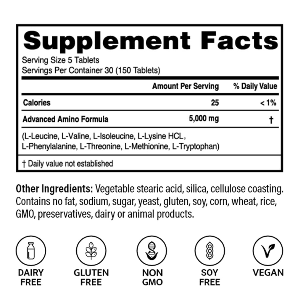 Advanced Bionutritionals – Advanced Amino Formula Tablets, Amino Acid Supplement, Build Muscle, Post Workout Recovery, Energy, Stamina, Non-GMO, Gluten Free, Dairy Free, Vegan (150 Tablets)