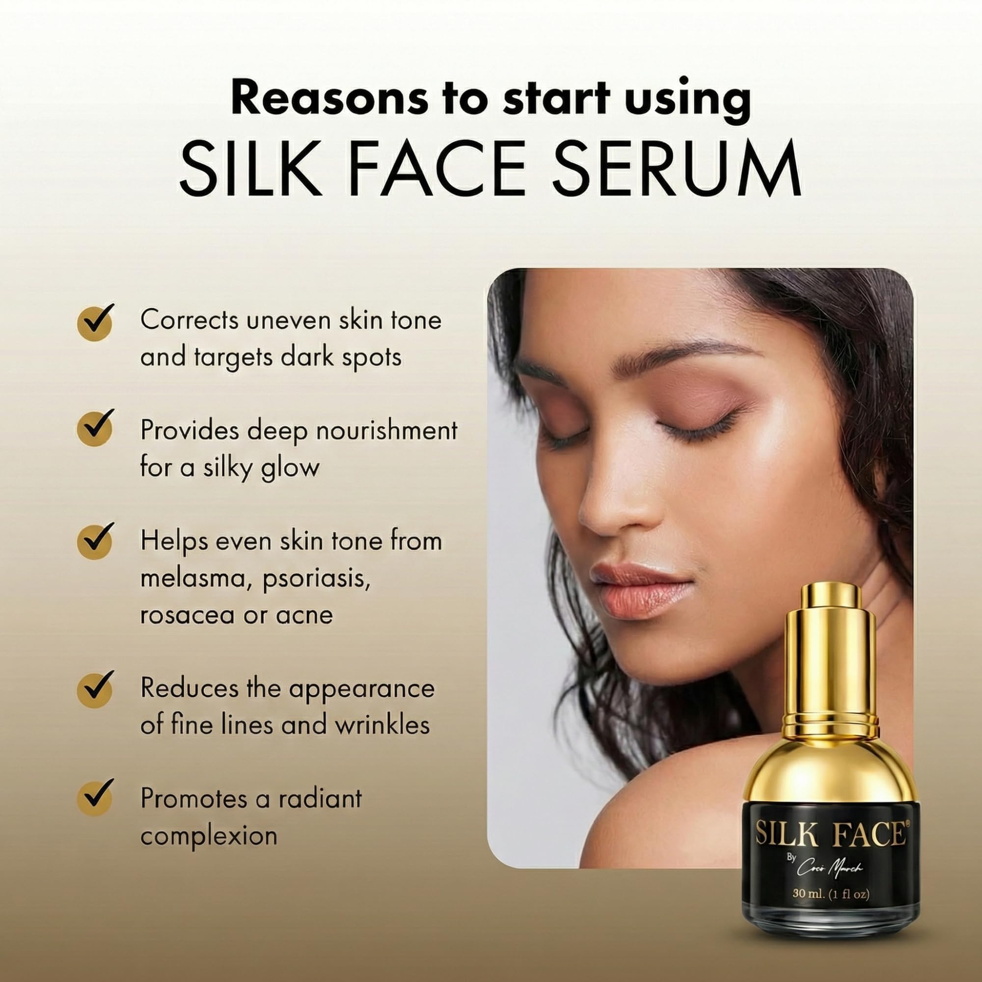 SILK FACE Elixir Serum by Coco March – Anti-Aging, Hydrating & Brightening Facial Moisturizer for Fine Line Reduction, Firming & Illuminating Skin Care with Peptides and Amino Acids, 30ml (1 Fl Oz)