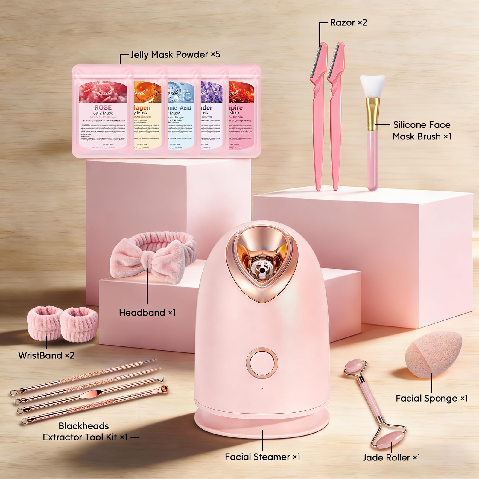 Pjordo Facial Steamer Spa Kit with 17 Skin Care Tools, Nano Ionic Face Steamer for Deep Cleaning Unclogs Pores, Warm Mist Humidifier Steamer for Face Home Sauna SPA, Self Care Gifts for Women