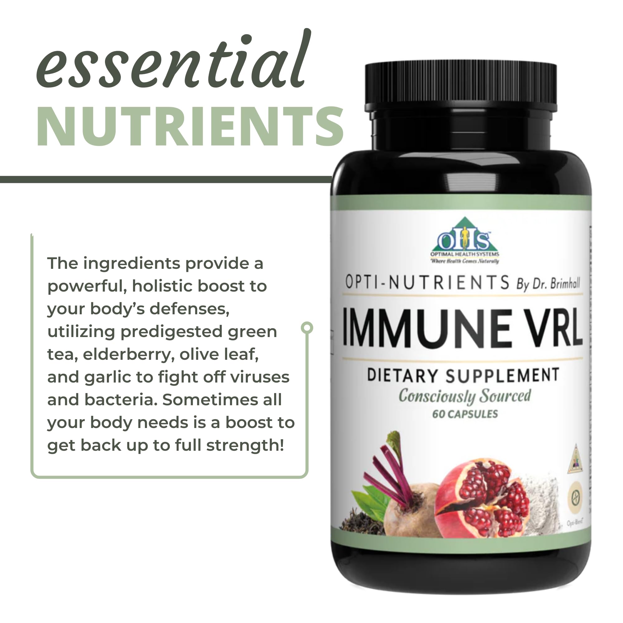 Optimal Health Systems Immune VRL | 7 Vitamin + 12 Nutrient Blend | Pomegranate Extract, Astragalus, Brocolli | Spleen, Thymus, Lymph, Tonsil & Parotid Support | 60 Capsules