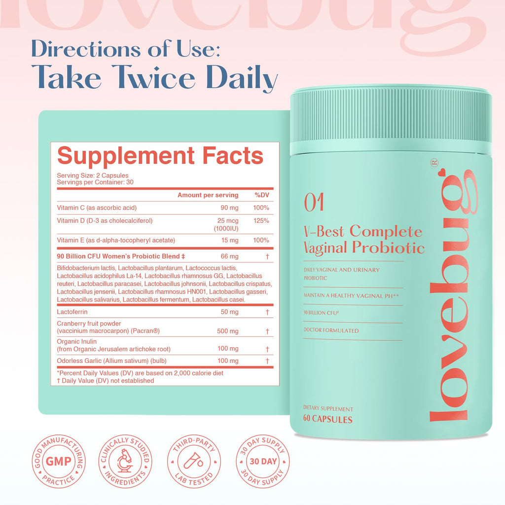 Lovebug V-Best Vaginal Probiotics - 90 Billion CFU Womens Probiotic for PH Balance, Urinary Tract Health, BV & Odor, Probiotics for Women with Lactobacillus Acidophilus, Rhamnosus GG, Reuteri - 60 Ct