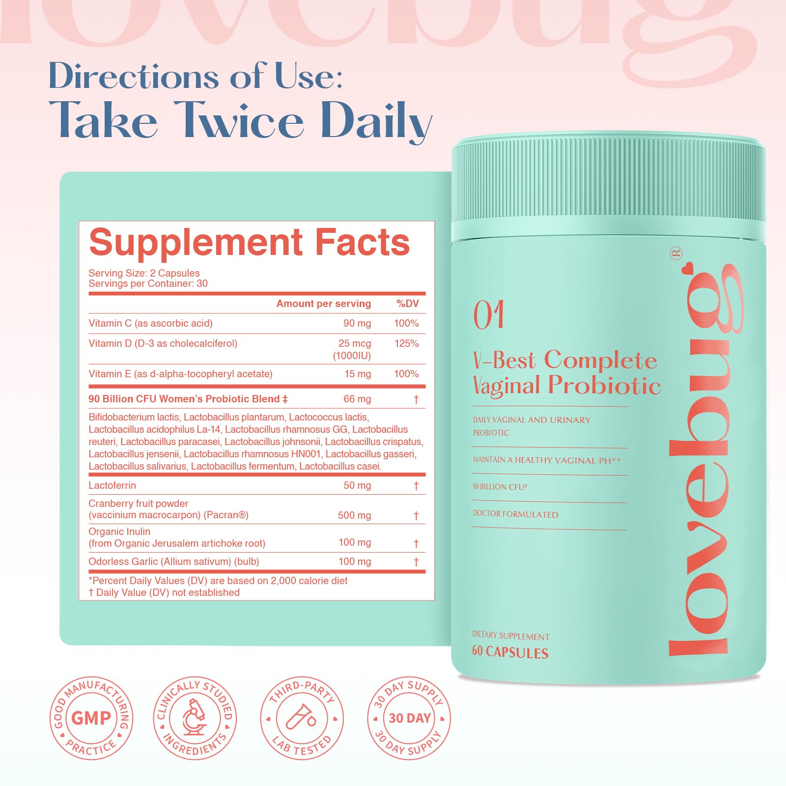 Lovebug V-Best Vaginal Probiotics - 90 Billion CFU Womens Probiotic for PH Balance, Urinary Tract Health, BV & Odor, Probiotics for Women with Lactobacillus Acidophilus, Rhamnosus GG, Reuteri - 60 Ct