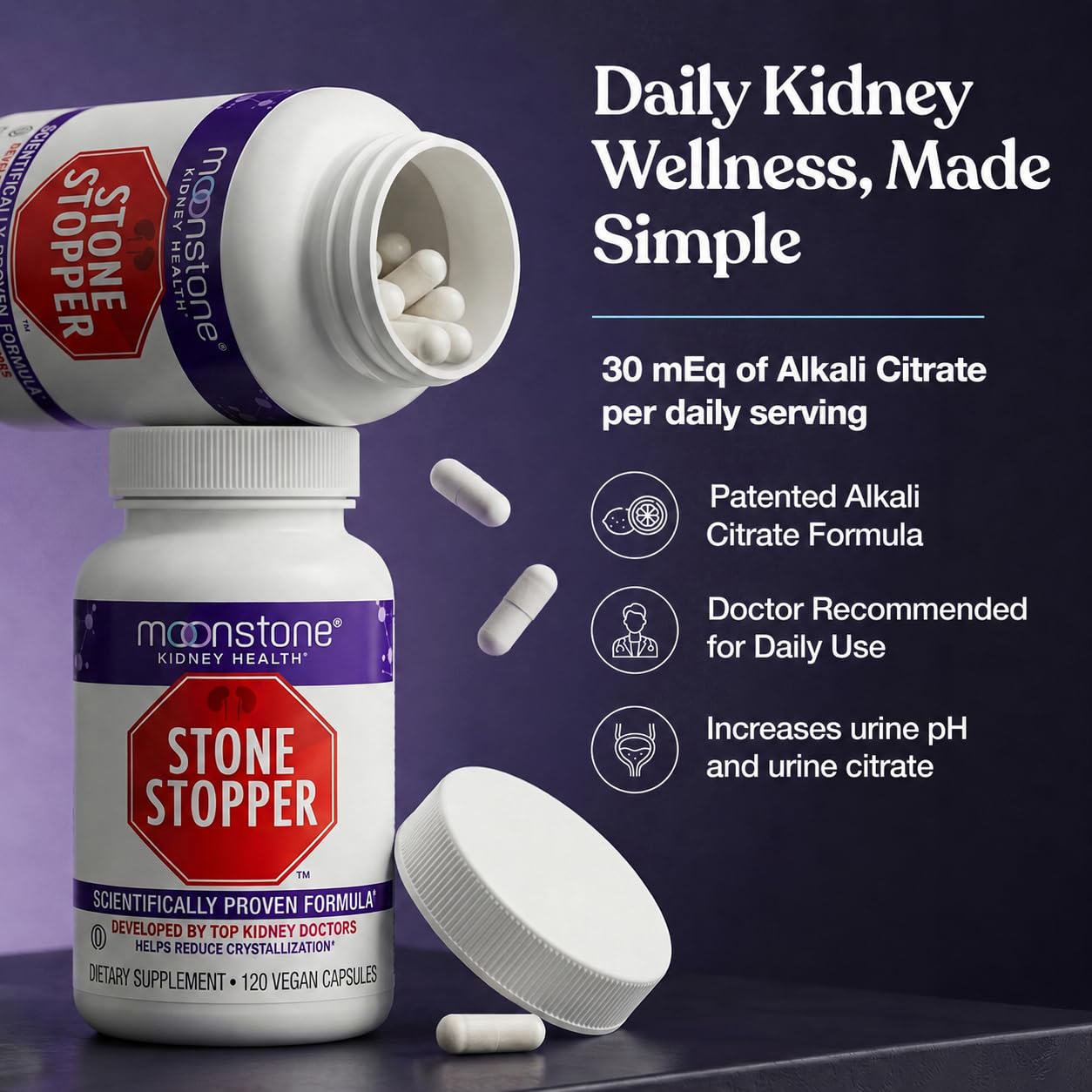 Moonstone Stone Stopper Capsules, Kidney Stone Prevention, Calcium Oxalate Protector, Alkali Citrate Support Supplement, Developed by Urologists to Support Kidney Health, 90 Day Supply (360 Count)