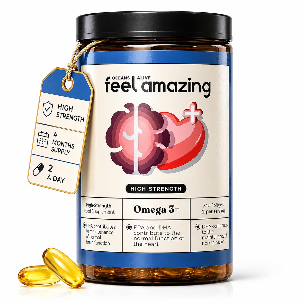 Feel Amazing Omega 3 Fish Oil 2000mg – 240 Capsules – 660mg EPA & 440mg DHA per Daily Serving – Supports Normal Heart Functional - 4 Month Supply