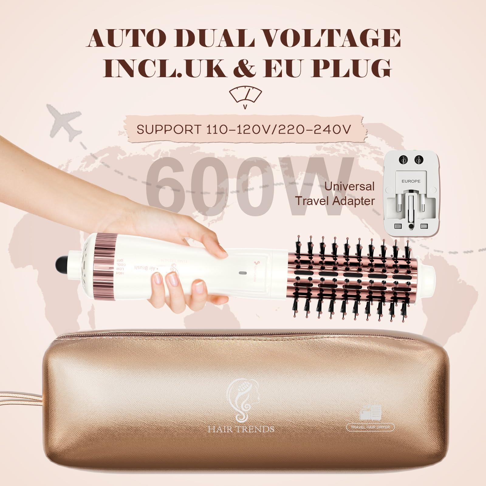 1.5 Inch Barrel (2.8'' Plus Bristles) Dual Voltage(110~250V) Round Brush Blow Dryer for Should Length Hair, Hair Dryer Brush with European Plug Adapter, 4-in-1 Negative Ionic One Step Volumizer Dryer