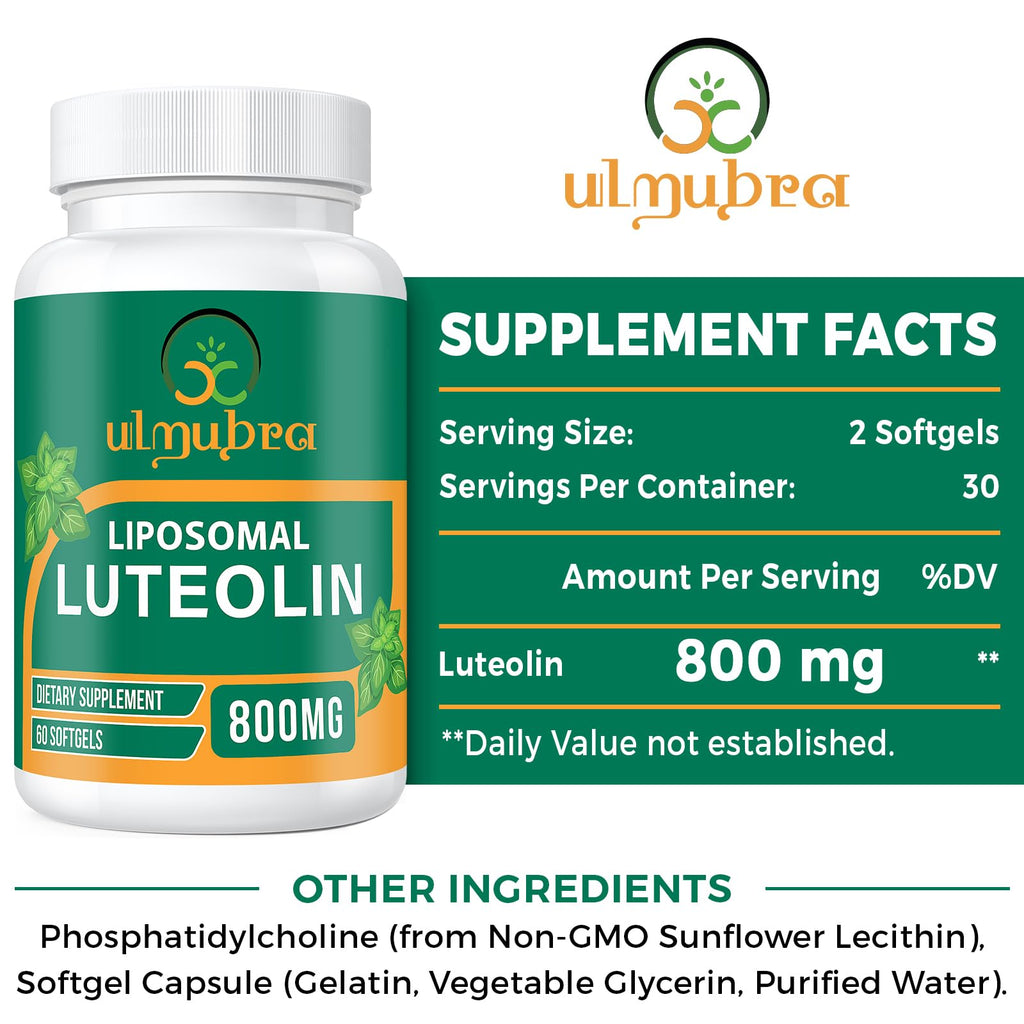 Ulmubra 800MG Liposomal Luteolin Supplement - Maximum Absorption, Premium Antioxidant Supplement for Brain & Overall Well-Being, 120 Softgels - 60-Day Supply