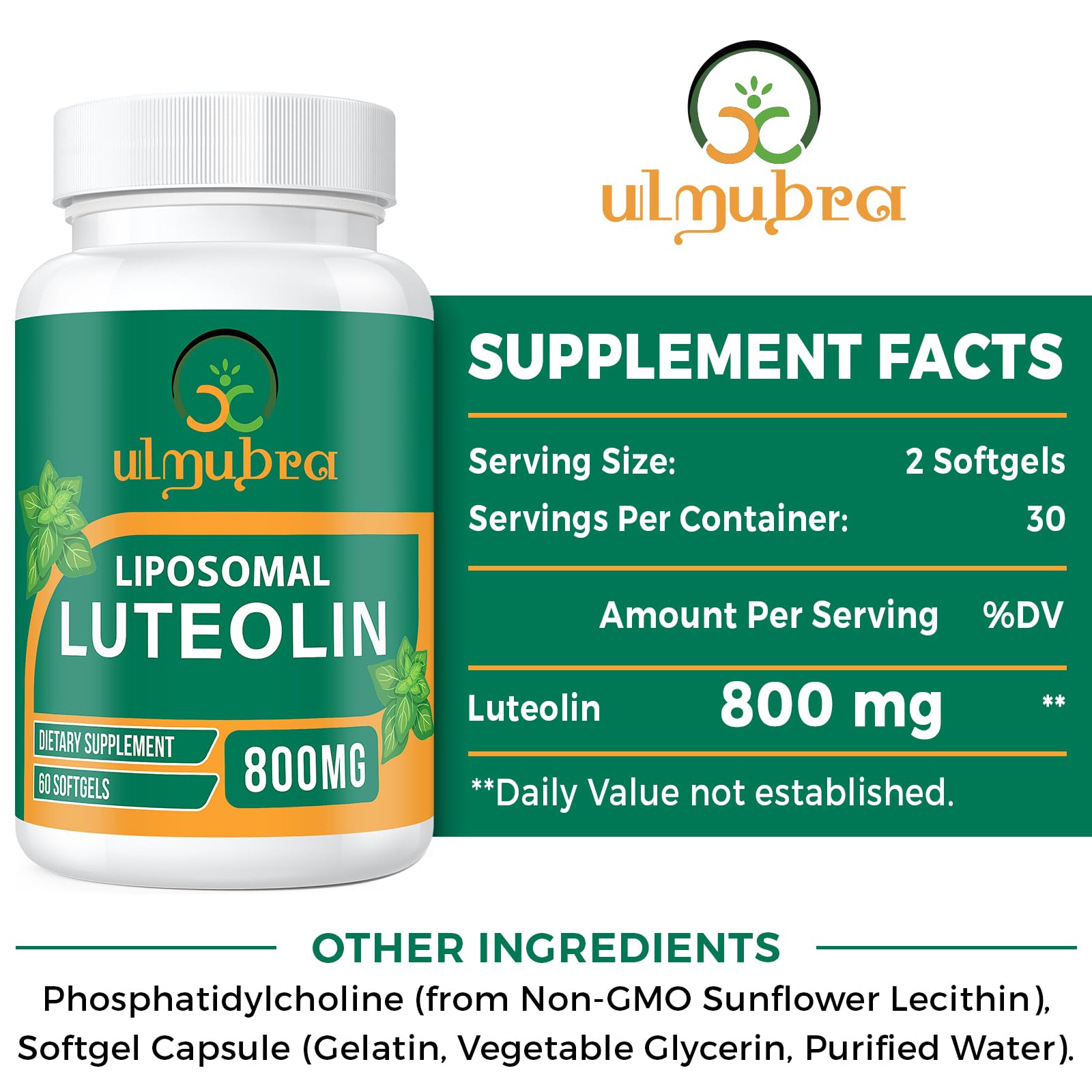 Ulmubra 800MG Liposomal Luteolin Supplement - Maximum Absorption, Premium Antioxidant Supplement for Brain & Overall Well-Being, 120 Softgels - 60-Day Supply