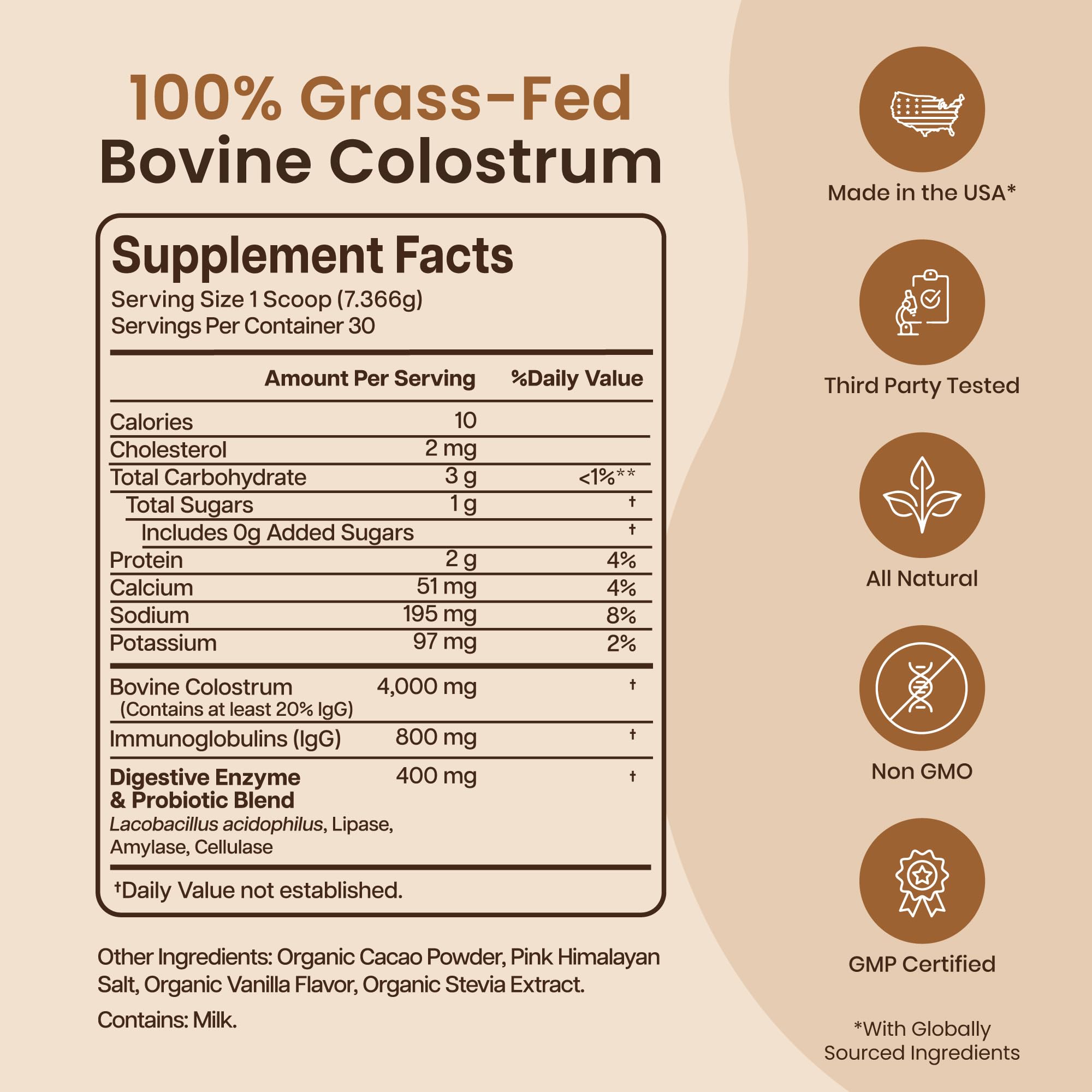 Baese Nutrition Organic Chocolate 4000mg Grass Fed Bovine Colostrum Powder + Probiotics Colostrum Supplement for Kids & Adults with Immunoglobulins (220.98 Grams)