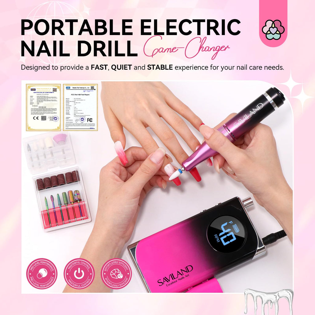 SAVILAND Professional Electric Nail Drill Machine: 40000RPM Rechargeable Nail Drill File with 4000mAh Battery, Ceramic Bit and Sanding Bands for Manicure, Pedicure, Shaping & Acrylic Removal Salon Use