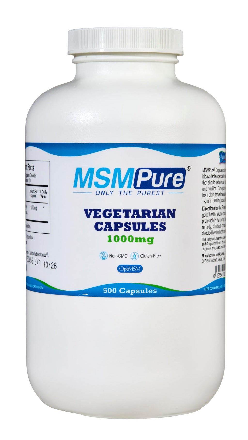 KALA HEALTH MSMPure MSM Vegetarian Capsules – 1,000 mg US-Made MSM per Capsule for Joint Health, Skin Appearance, Hair & Nail Support – 500 Count, Organic Sulfur
