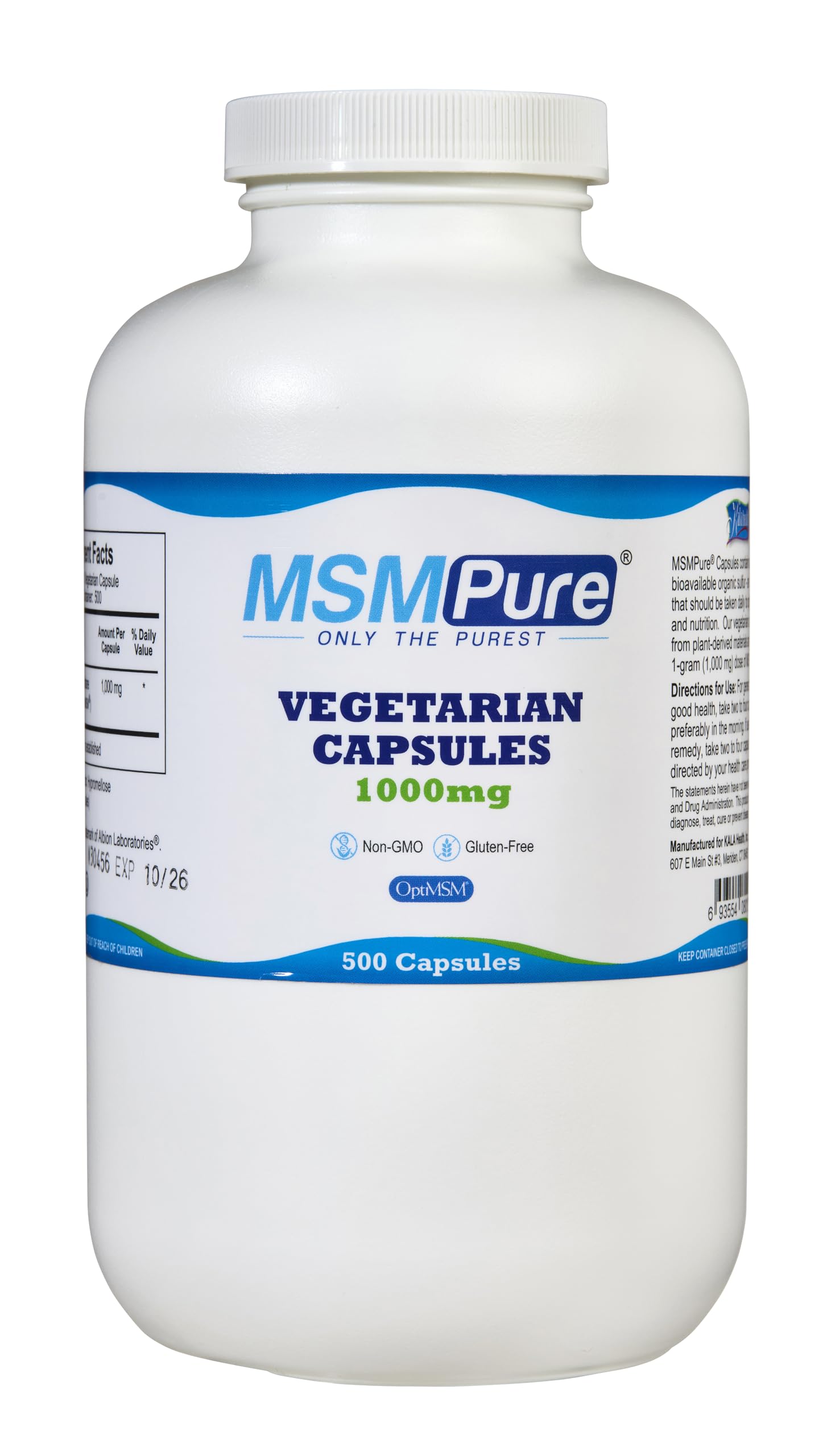 KALA HEALTH MSMPure MSM Vegetarian Capsules – 1,000 mg US-Made MSM per Capsule for Joint Health, Skin Appearance, Hair & Nail Support – 500 Count, Organic Sulfur
