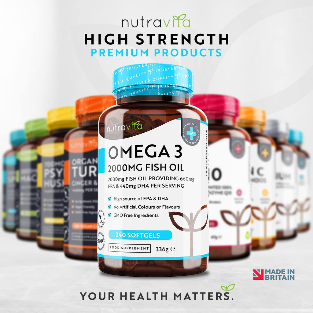 Omega 3 Pure Fish Oil 2000mg – 660mg EPA & 440mg DHA per Daily Serving – 240 Softgel Capsules – 4 Months Supply – for Maintenance of Normal Heart and Brain Function – Made in The UK by Nutravita