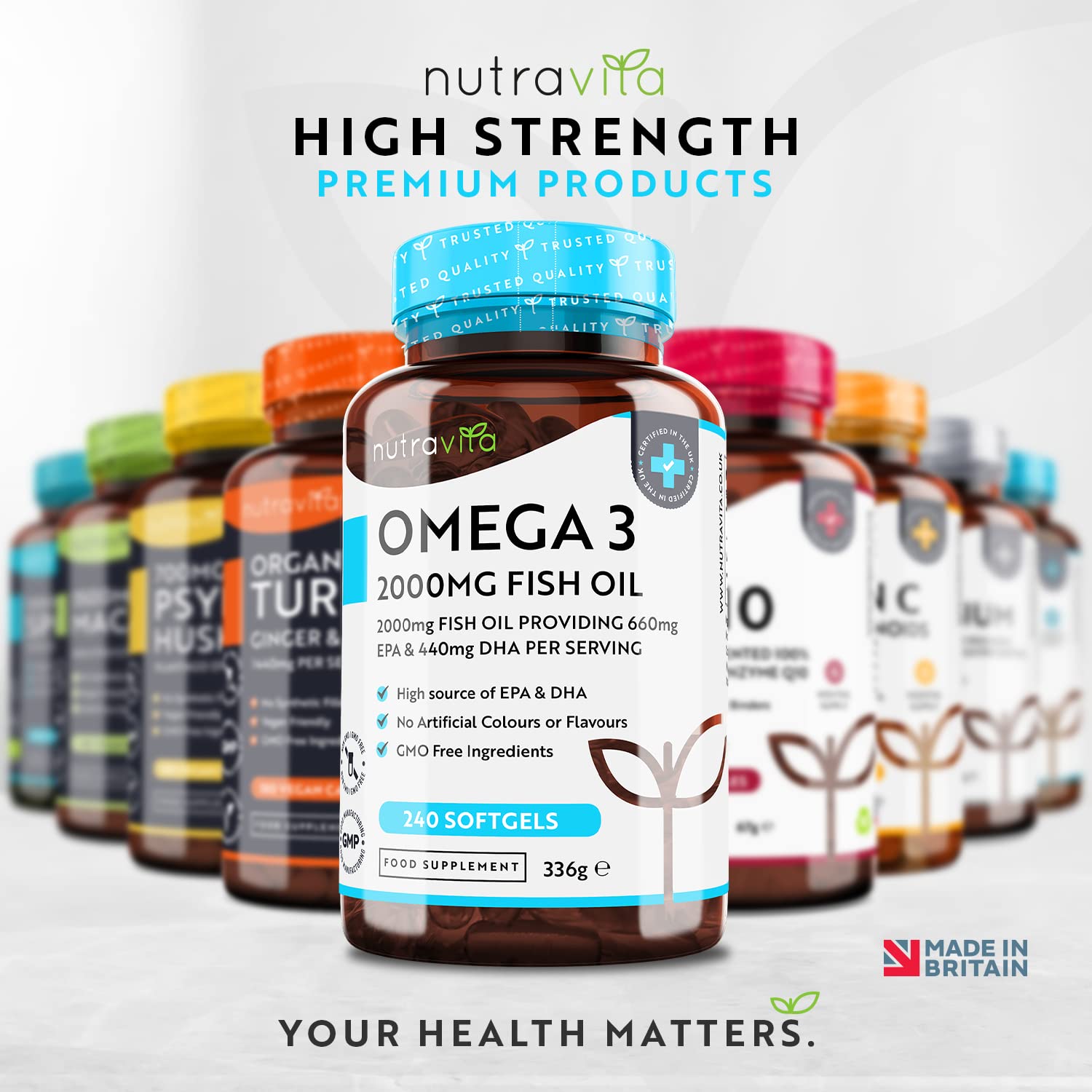 Omega 3 Pure Fish Oil 2000mg – 660mg EPA & 440mg DHA per Daily Serving – 240 Softgel Capsules – 4 Months Supply – for Maintenance of Normal Heart and Brain Function – Made in The UK by Nutravita