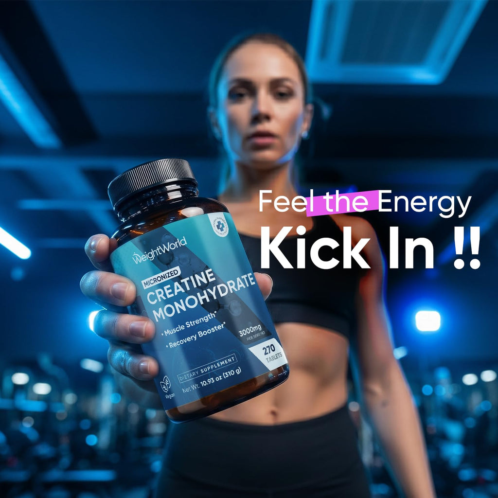 WeightWorld Micronized Creatine Monohydrate 3000mg Tablets - Muscle Growth, Strength, Energy & Recovery | Pre Workout Creatine for Women & Men | 1000mg per Tab | Vegan 270 Tablets (3 a Day), Non-GMO