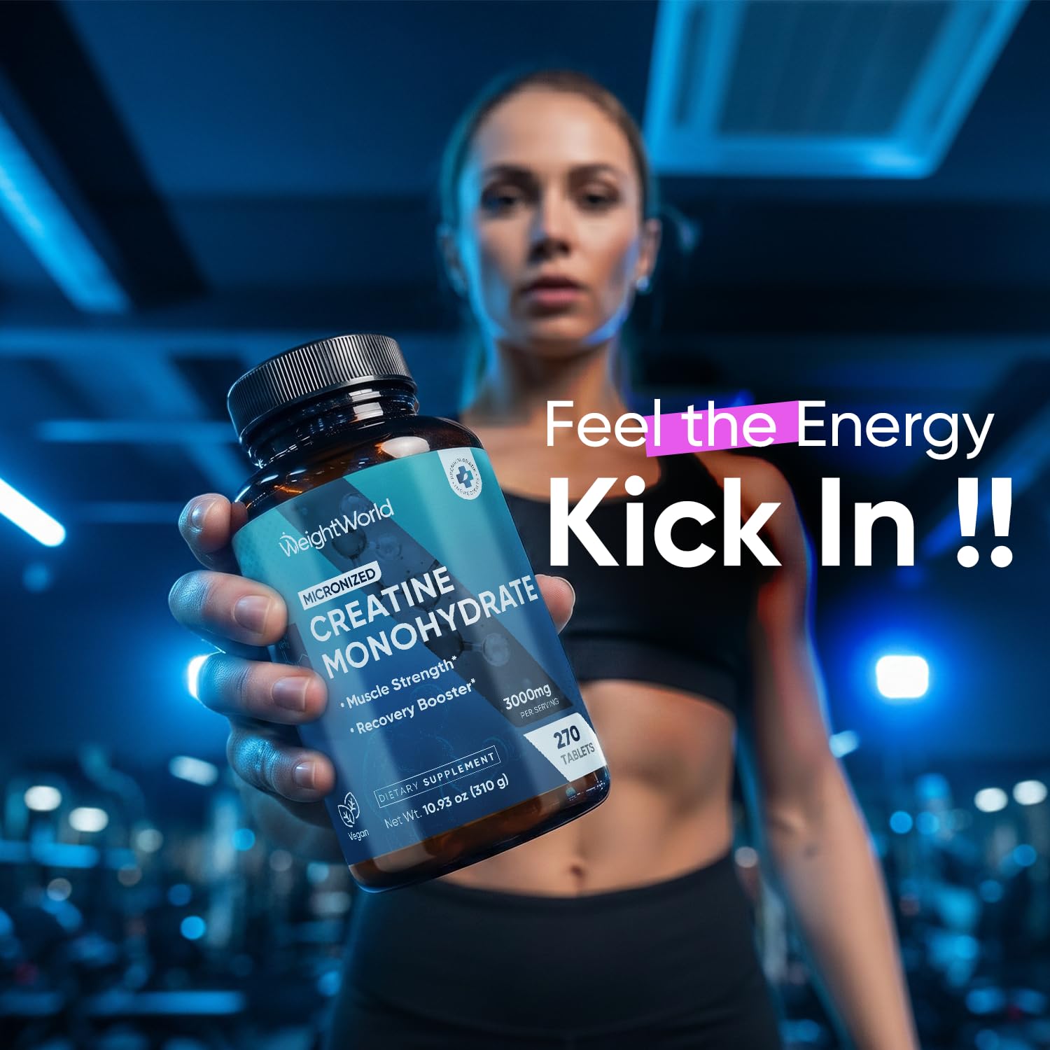 WeightWorld Micronized Creatine Monohydrate 3000mg Tablets - Muscle Growth, Strength, Energy & Recovery | Pre Workout Creatine for Women & Men | 1000mg per Tab | Vegan 270 Tablets (3 a Day), Non-GMO