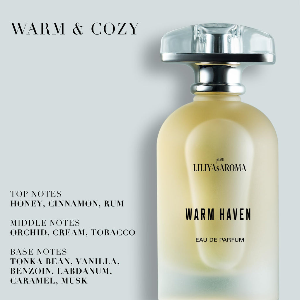 Liliya's Aroma Warm Haven Eau de Parfum – Holiday Fragrance with Honey, Cinnamon and Gourmand Vanilla Perfume, Woody Amber | Cozy Scent Long-Lasting | 3.4 Fl Oz