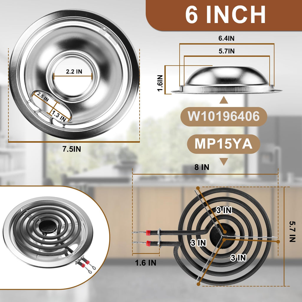 W10196405(8”) W10196406(6”) Electric Stove Burner Drip Pans & MP22YA Electric Range Burner Element Unit Set by Cenipar-Compatible with Whirl-pool Ken-more Ama-na Range Oven/Stove