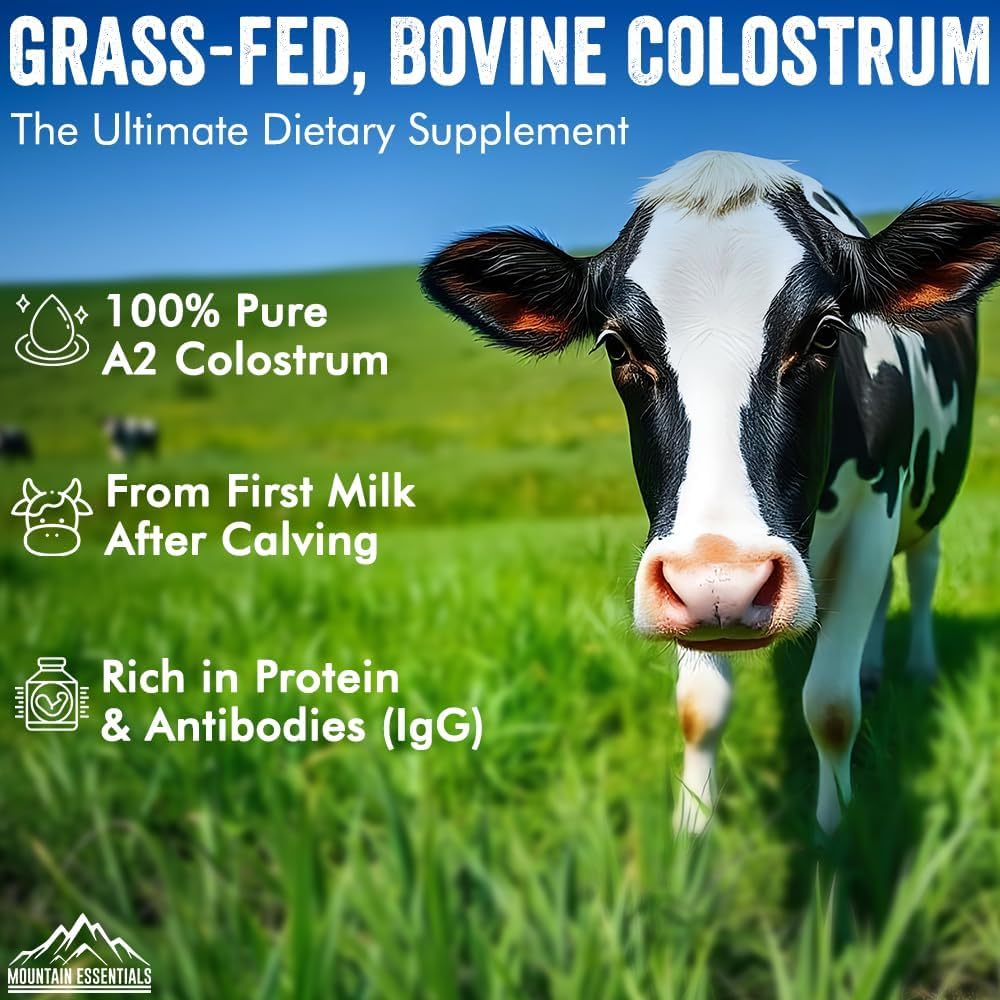MOUNTAIN ESSENTIALS A2 Colostrum Powder 3.5 Oz Bovine Grass Fed Above 40% IGG Gluten Free, Non GMO 1 Year Shelf Life 50 Servings Pack of 2