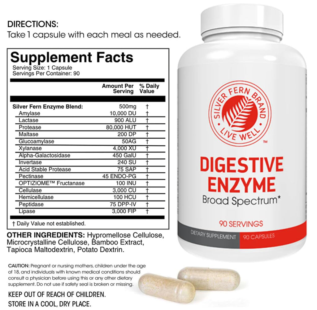 Silver Fern Brand Ultimate Digestive Enzyme Supplement - 1 Bottle = 90 Capsules - High Potency, Multi Enzyme - Digestive Comfort & Food Tolerance - Hemicullulase, Peptidase, Maltase, More