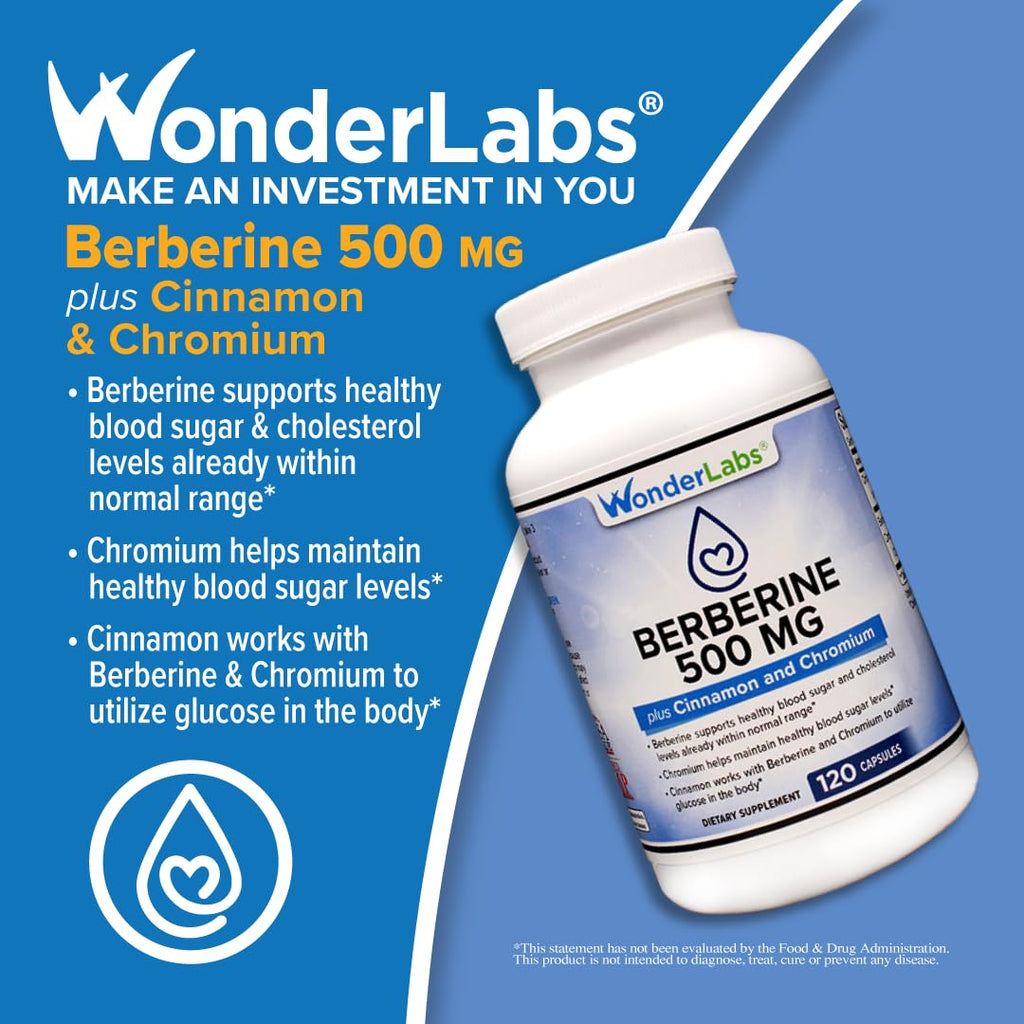 Wonder Laboratories Surperior Absorption Berberine HCL 1,500mg + Cinnamon, Chromium, and BioPerine Maintenance for Glucose, Heart & Immune System Health Gluten & GMO Free - 120 Capsules
