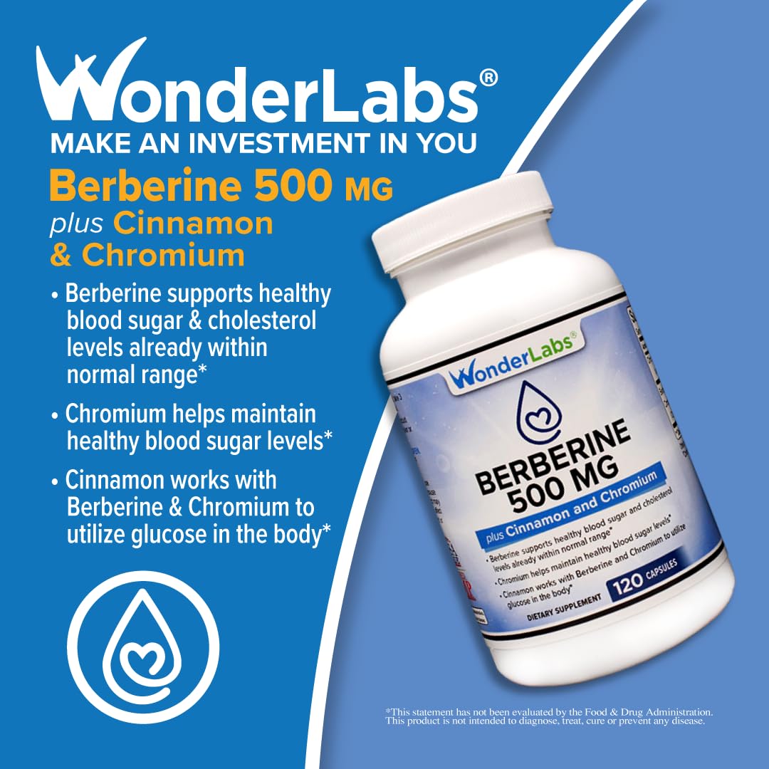 Wonder Laboratories Surperior Absorption Berberine HCL 1,500mg + Cinnamon, Chromium, and BioPerine Maintenance for Glucose, Heart & Immune System Health Gluten & GMO Free - 120 Capsules