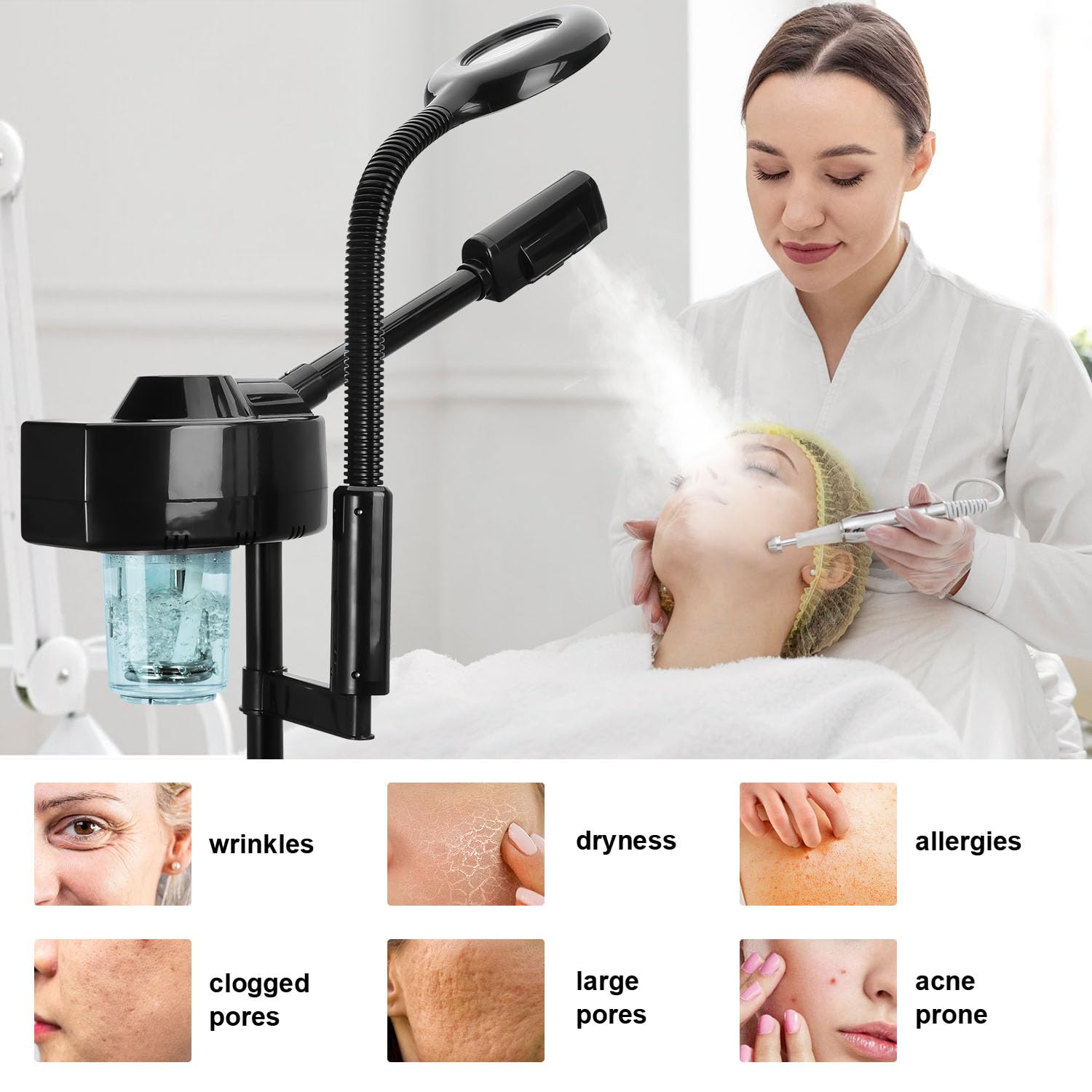 2 in 1 Facial Steamer Professional Ionic Face Steamer with 5X Magnifying Lamp&Adjustable Hot Mist Nozzle, Esthetician Facial Steamer Salon Spa Beauty Skin Care Equipment