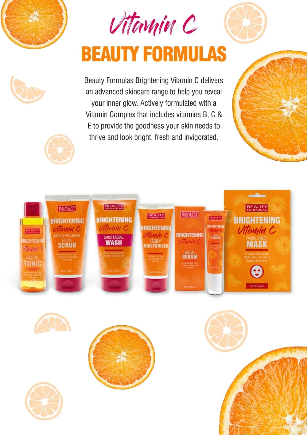 Beauty Formulas BRIGHTENING VITAMIN C Bundle BRIGHTENING Facial Tonic 150ml, Facial Wash 150ml, Daily Moisturiser 100ml, 3 Pieces