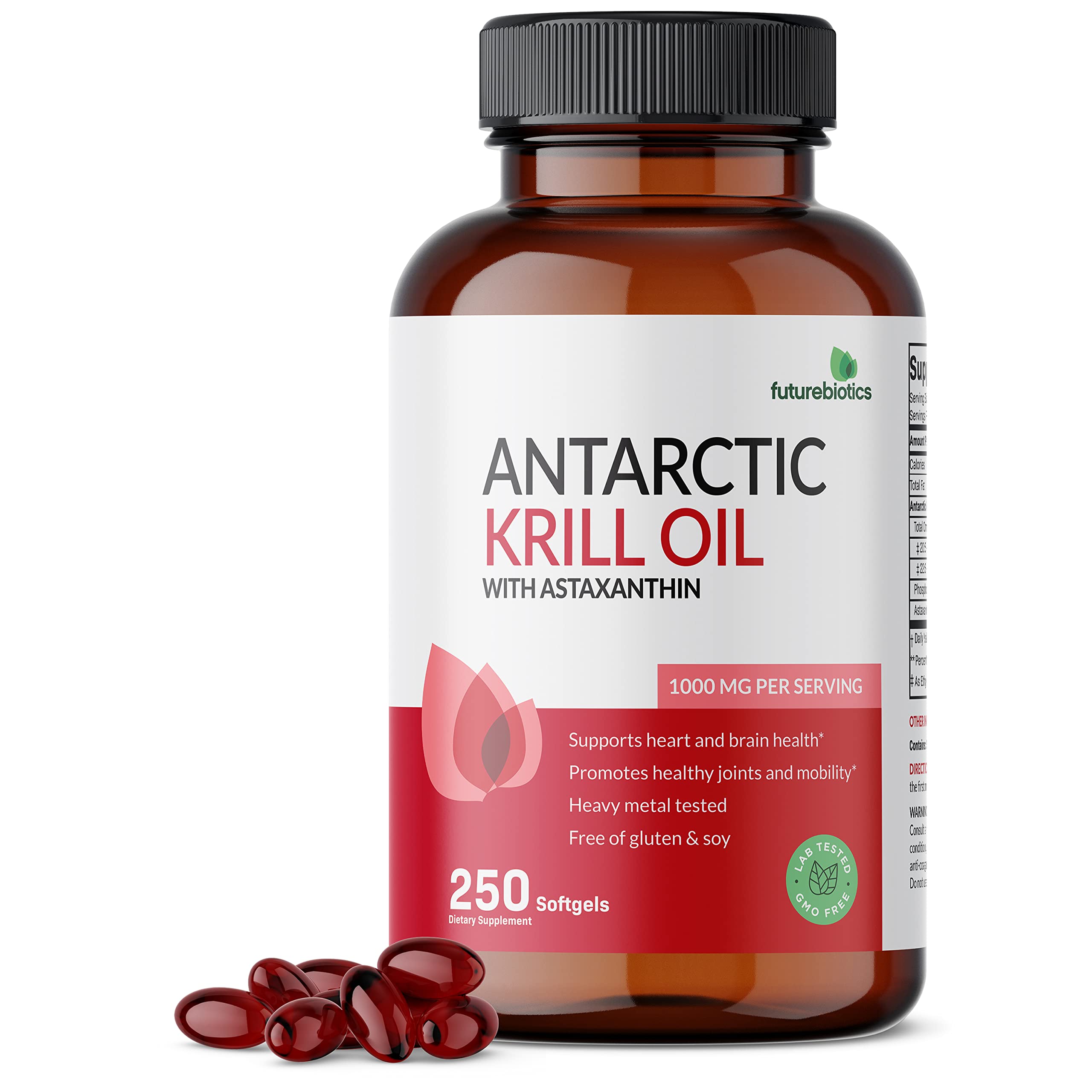 Futurebiotics Antarctic Krill Oil 1000mg with Omega-3s EPA, DHA, Astaxanthin and Phospholipids - 100% Pure Premium Krill Oil Heavy Metal Tested, Non GMO – 250 Softgels (125 Servings)