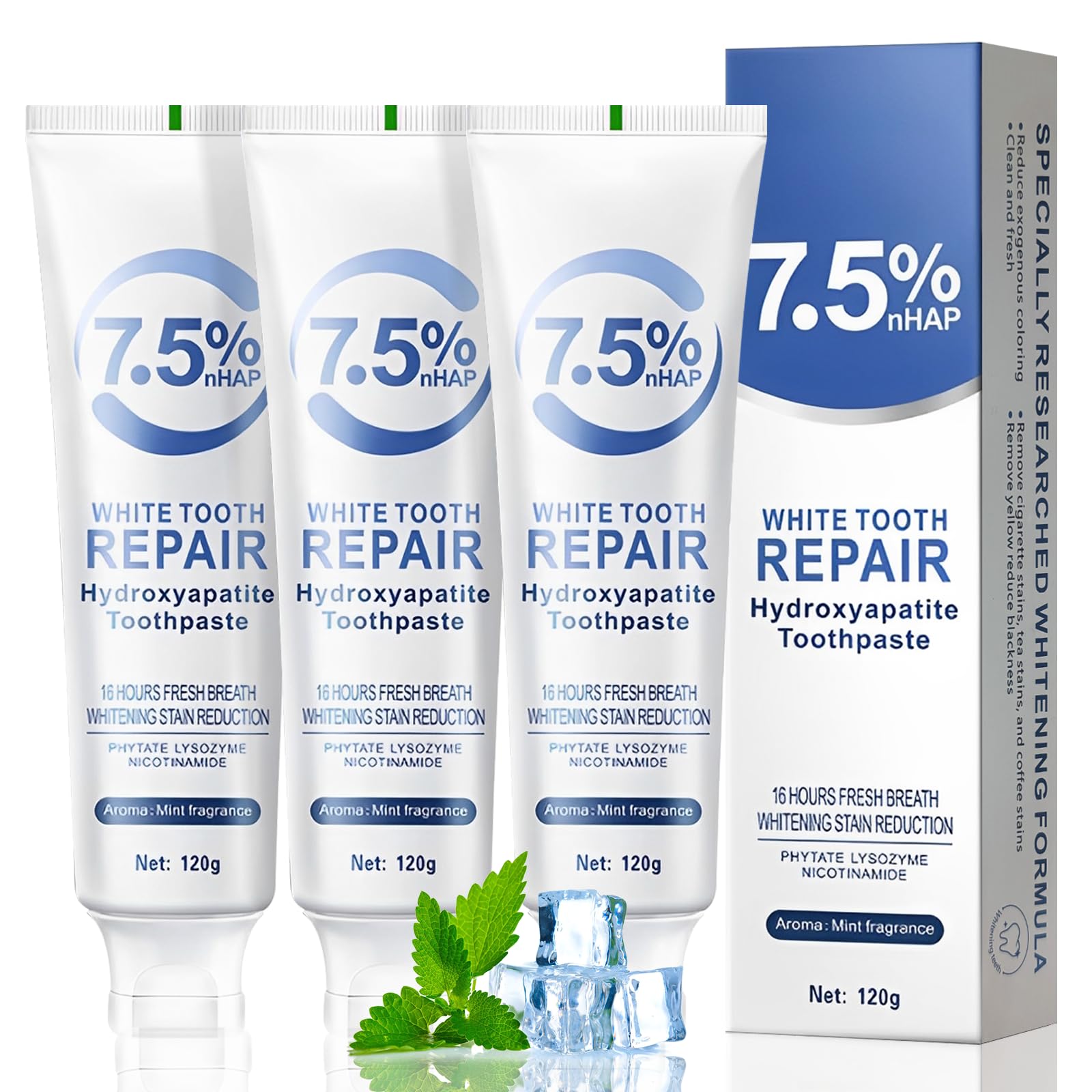 3pcs Hydroxyapatite Toothpaste UK,Fluoride-Free Formula,Mint Flavor(120g)