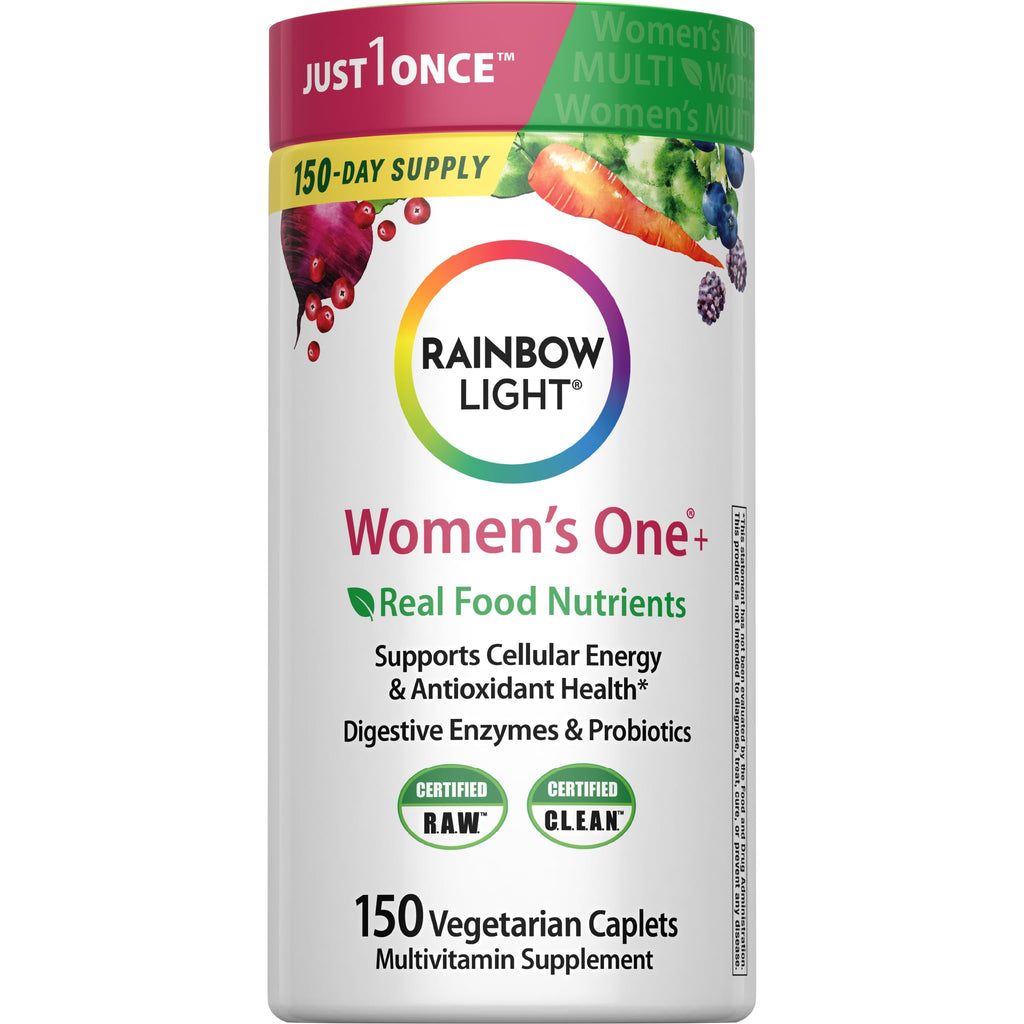 Rainbow Light Womens Multivitamin One + | 150 Caplets | Supports Cellular Energy & Antioxidant Health | Real Food Nutrients, Digestive Enzymes & Probiotics | with Vitamins C, D, and Zinc