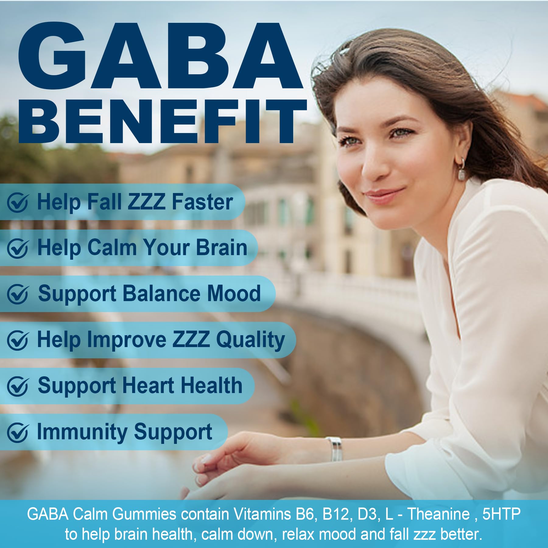 GABA Gummies 500 mg - Sugar-Free Calm Gummies with L Theanine, 5-HTP, Vitamins D3, B12, Ashwagandha, Melatonin-Free for Brain Calm, Mood, Zzz Better, GABA Supplement for Adult, Blueberry Flavor, 1Pack