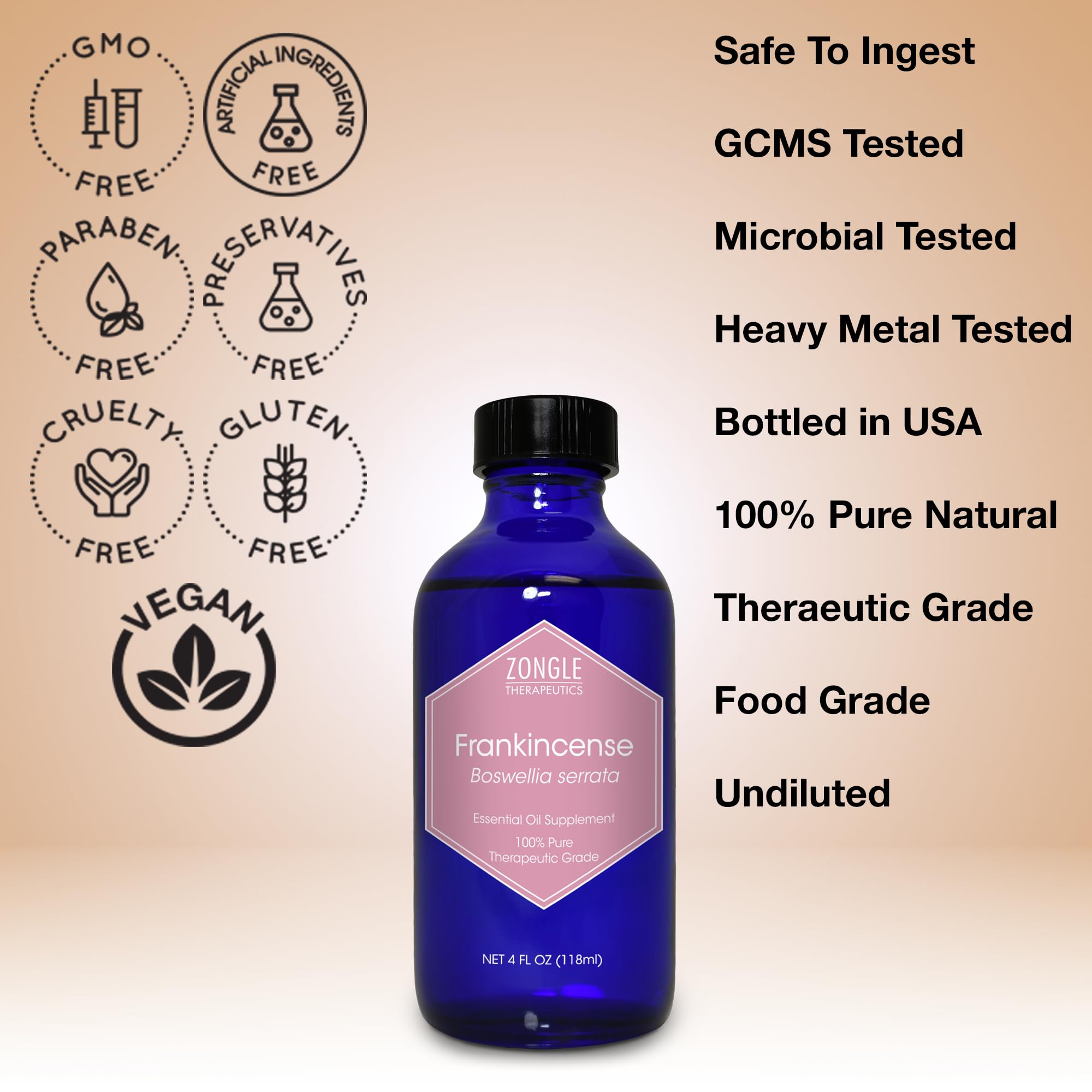 Frankincense Essential Oil, Food Grade, for Face, Dark Circles – 100% Pure, Frankincense, Resin, Oil, Boswellia Serrata, Edible, by Zongle Therapeutics, 4 OZ