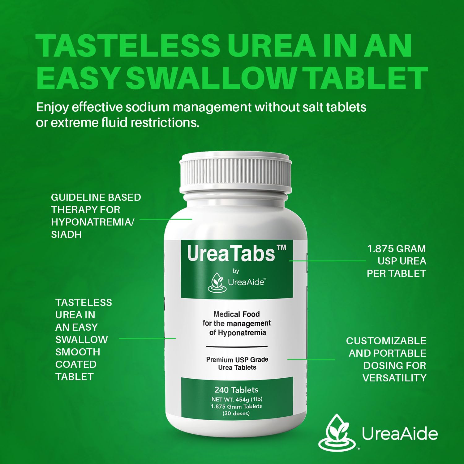 UreaTabs Oral Urea Tablets 1.875 Grams for Hyponatremia Management Low Sodium Support Tasteless Coated 240 Tablets in 1 Bottle Equivalent to 30 Powder Packets or 1 Pound Bag by UreaAide