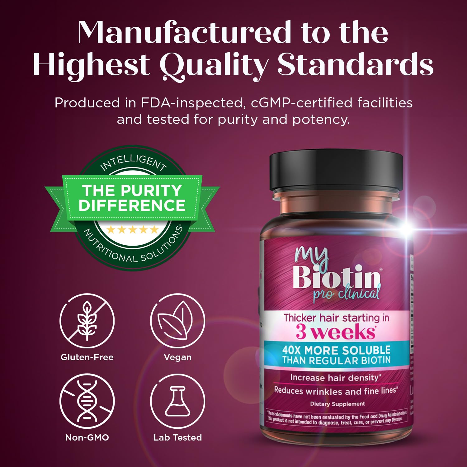 Purity Products - MyBiotin ProClinical - Thicker Hair in 3 Weeks & Fights Wrinkles - MB40X Patented Biotin Vitamin B7 Matrix w/Astaxanthin - 40X More Soluble vs Ordinary Biotin, 30 Veg Capsules