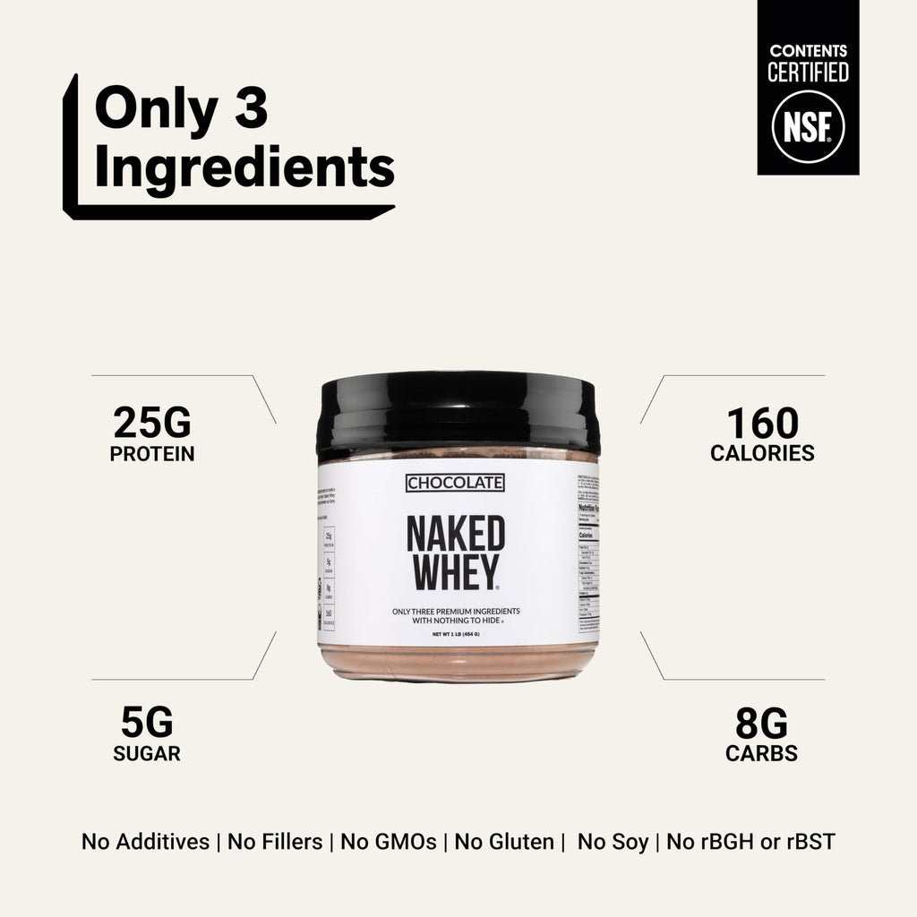 NAKED Chocolate Whey 1LB - All Natural Grass Fed Whey Protein Powder, Organic Cacao, and Coconut Sugar - NSF Certified, No GMO, No Soy, and Gluten Free, Aid Growth and Recovery - 12 Servings