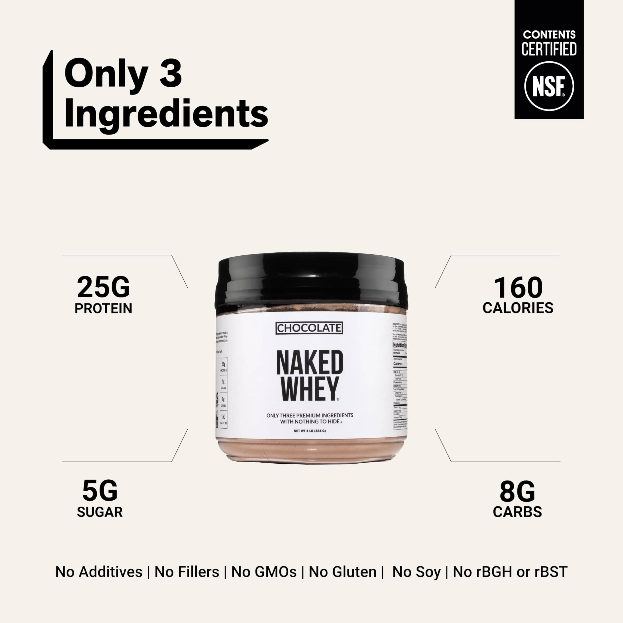 NAKED Chocolate Whey 1LB - All Natural Grass Fed Whey Protein Powder, Organic Cacao, and Coconut Sugar - NSF Certified, No GMO, No Soy, and Gluten Free, Aid Growth and Recovery - 12 Servings