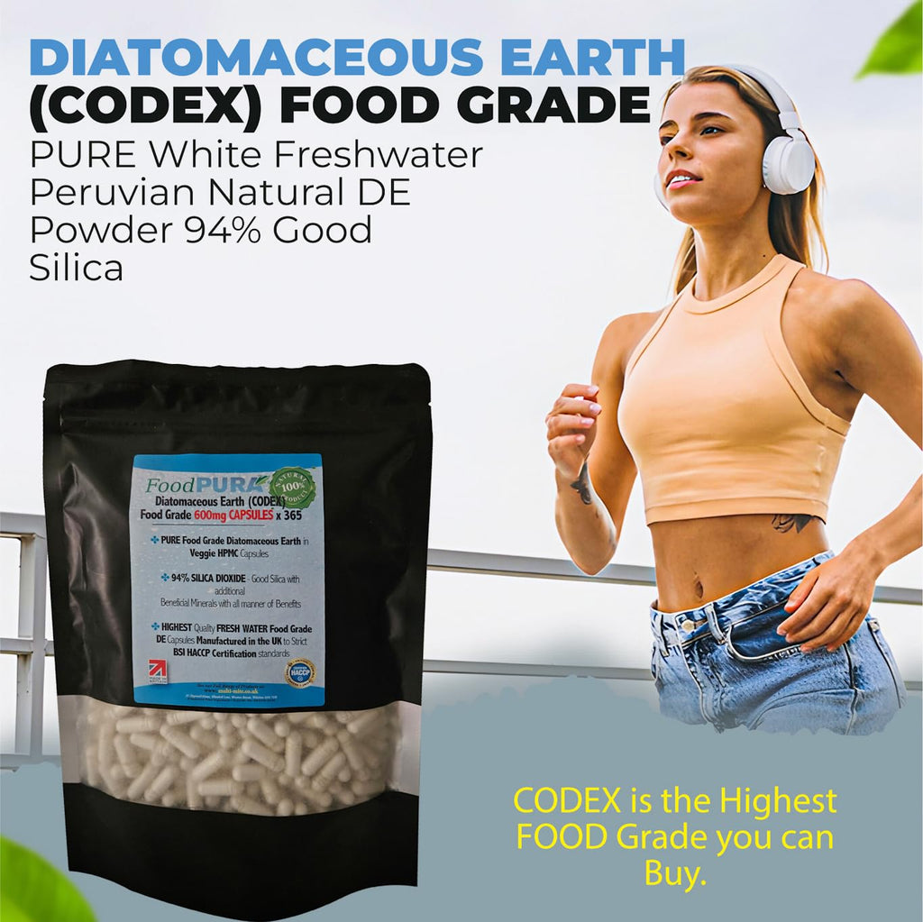 FoodPURA 365 X Food Grade Diatomaceous Earth Capsules (Codex) Pure White 94% Silica Fresh Water Sourced 600mg - Capsules, The SAFEST Way to take Supplements!