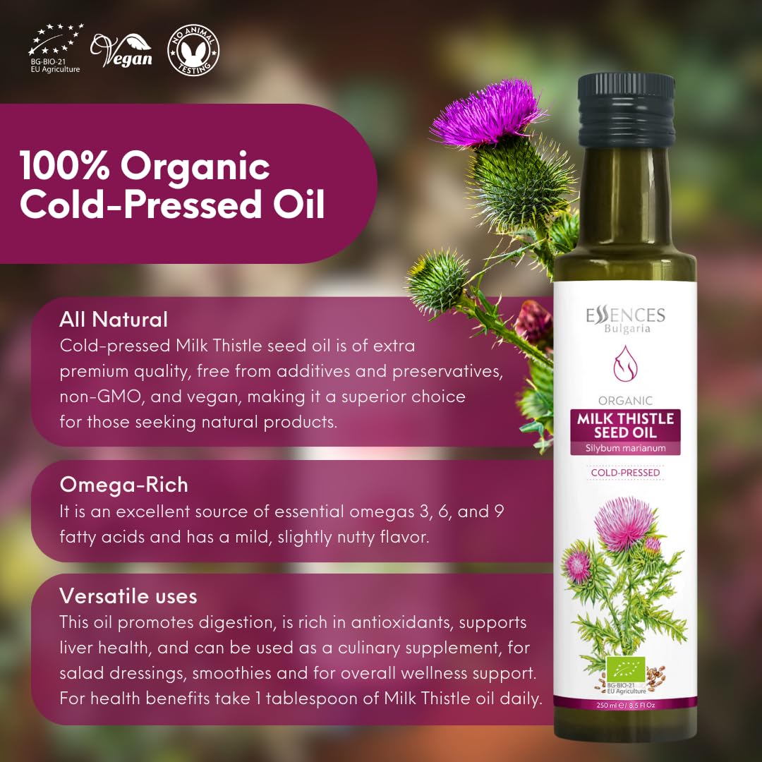 Essences Bulgaria Organic Milk Thistle Oil 8.5 Fl Oz | 250ml | 100% Natural Cold-Pressed Oil | Extra Premium Quality | No Additives or Preservatives | Non-GMO | Vegan
