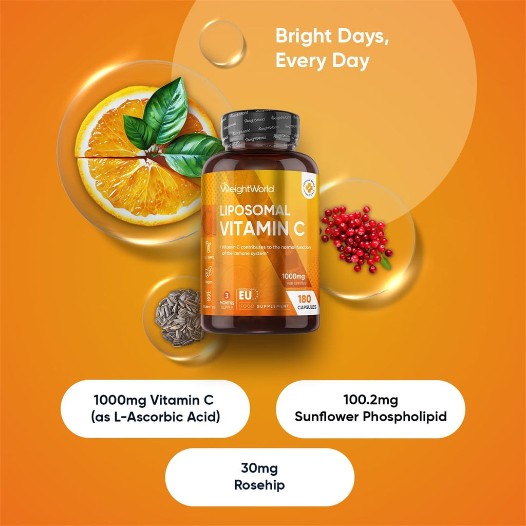 Premium Liposomales Vitamin C - 180 vegane Kapseln mit 1000mg reinem Vitamin am Tag - Laborgeprüft in Deutschland - 100% Natürliche Liposomal Vitamine für Jung & Alt - Mit Hagebutte