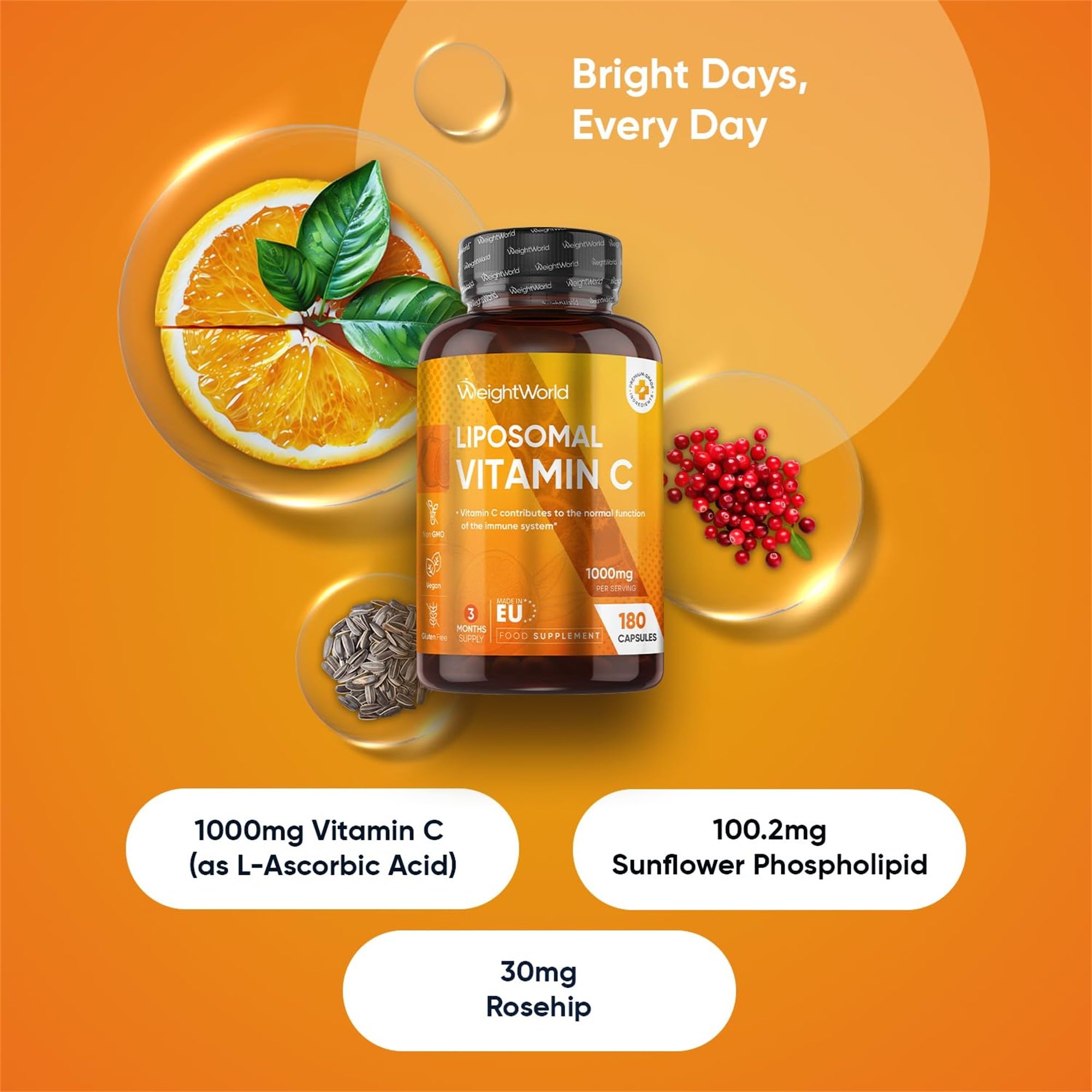 Premium Liposomales Vitamin C - 180 vegane Kapseln mit 1000mg reinem Vitamin am Tag - Laborgeprüft in Deutschland - 100% Natürliche Liposomal Vitamine für Jung & Alt - Mit Hagebutte
