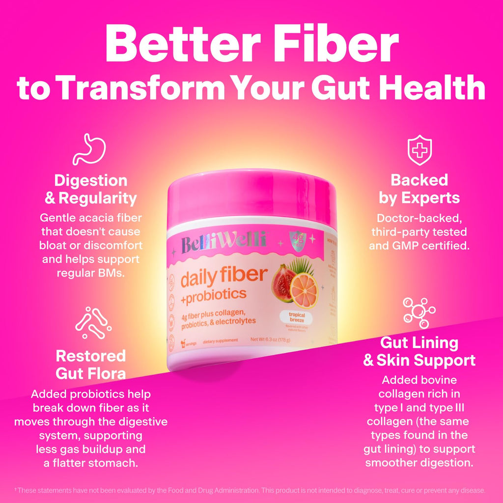 Belli Welli Fiber Supplement for Women & Men – Premium Daily Fiber Powder from Organic Acacia with Added Collagen, Electrolytes & Probiotics – No Bloat, Constipation & Gut Health Support (Tropical)