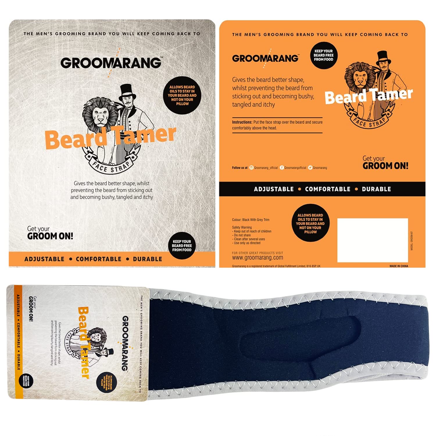 Beard Tamer Strap GROOMARANG Beard Shaper Face Strap - Prevent Bushy, Tangled, Itchy Beards and Keep Beard Oil Locked in - Black