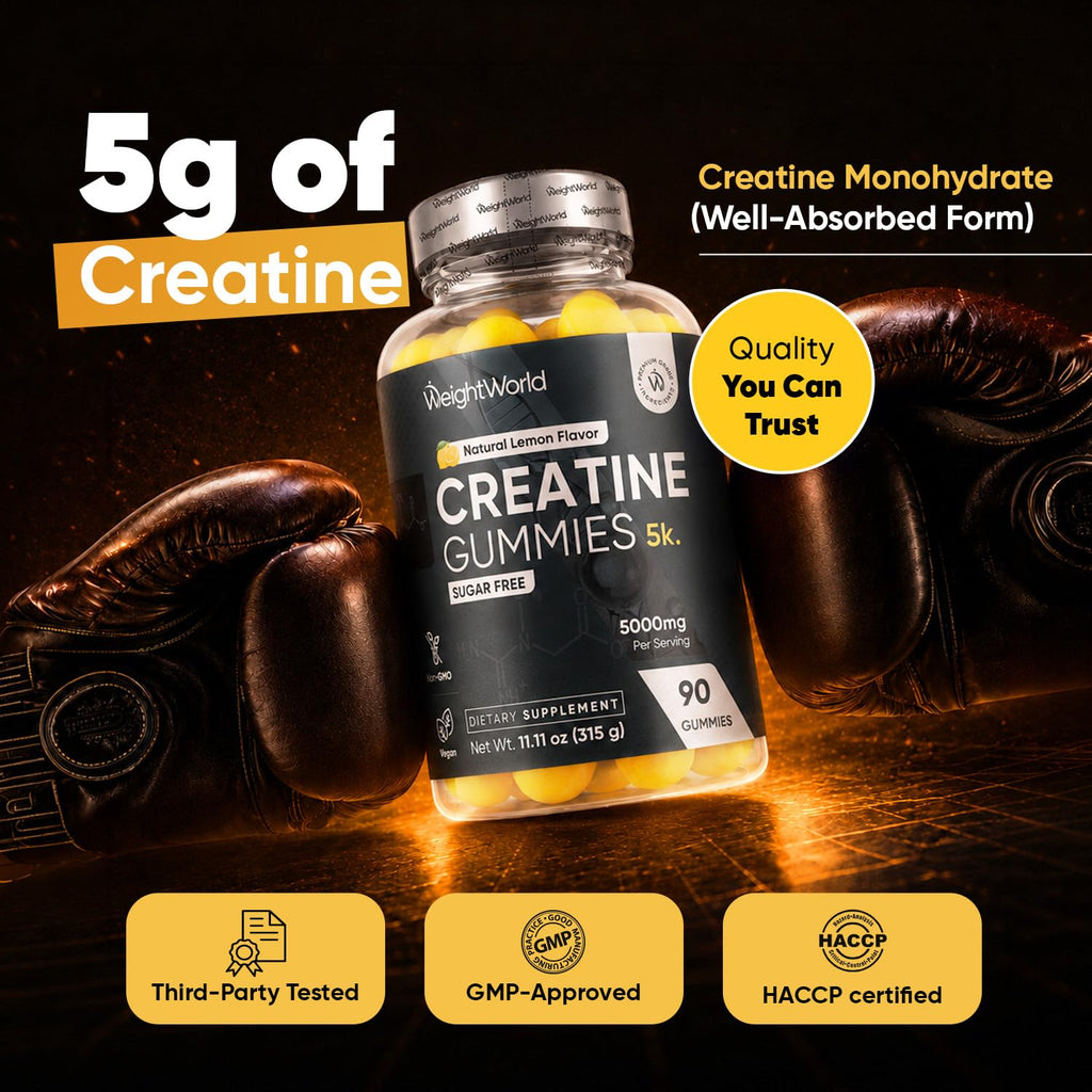 WeightWorld Sugar Free Creatine Gummies 5g (5000mg) | Pre & Post Workout Gummy | 90 Vegan Creatine Monohydrate Gummies for Men & Women (1 Month Supply) - 3 per Day | Non-GMO, Natural Lemon Flavor