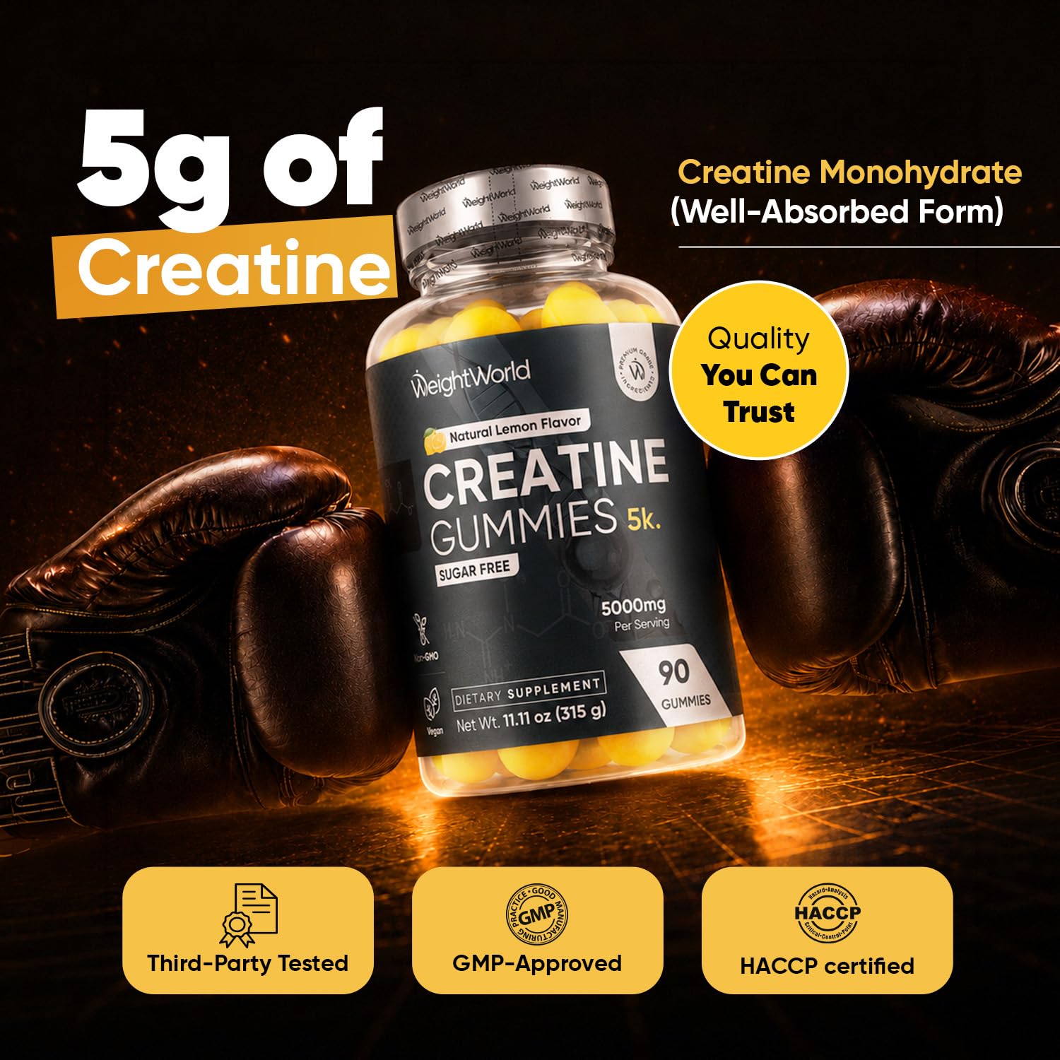 WeightWorld Sugar Free Creatine Gummies 5g (5000mg) | Pre & Post Workout Gummy | 90 Vegan Creatine Monohydrate Gummies for Men & Women (1 Month Supply) - 3 per Day | Non-GMO, Natural Lemon Flavor