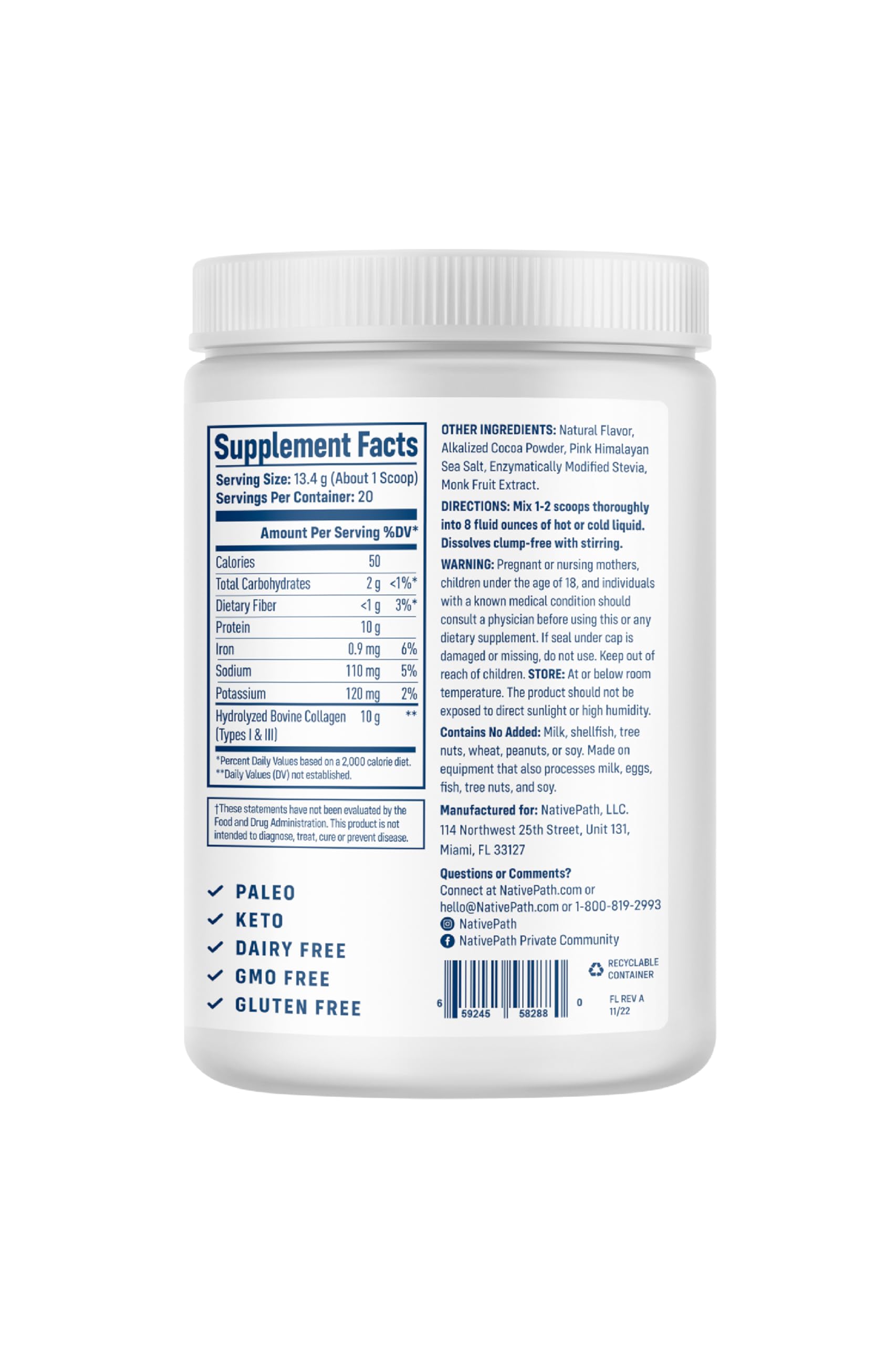NativePath Collagen Peptides - Hydrolyzed Type 1 & 3 Collagen. Keto & Paleo Grass-Fed Protein Powder for Hair, Skin, Nails, Bones, Joints, Digestion and More - No Gluten or Dairy (Chocolate, 268g)