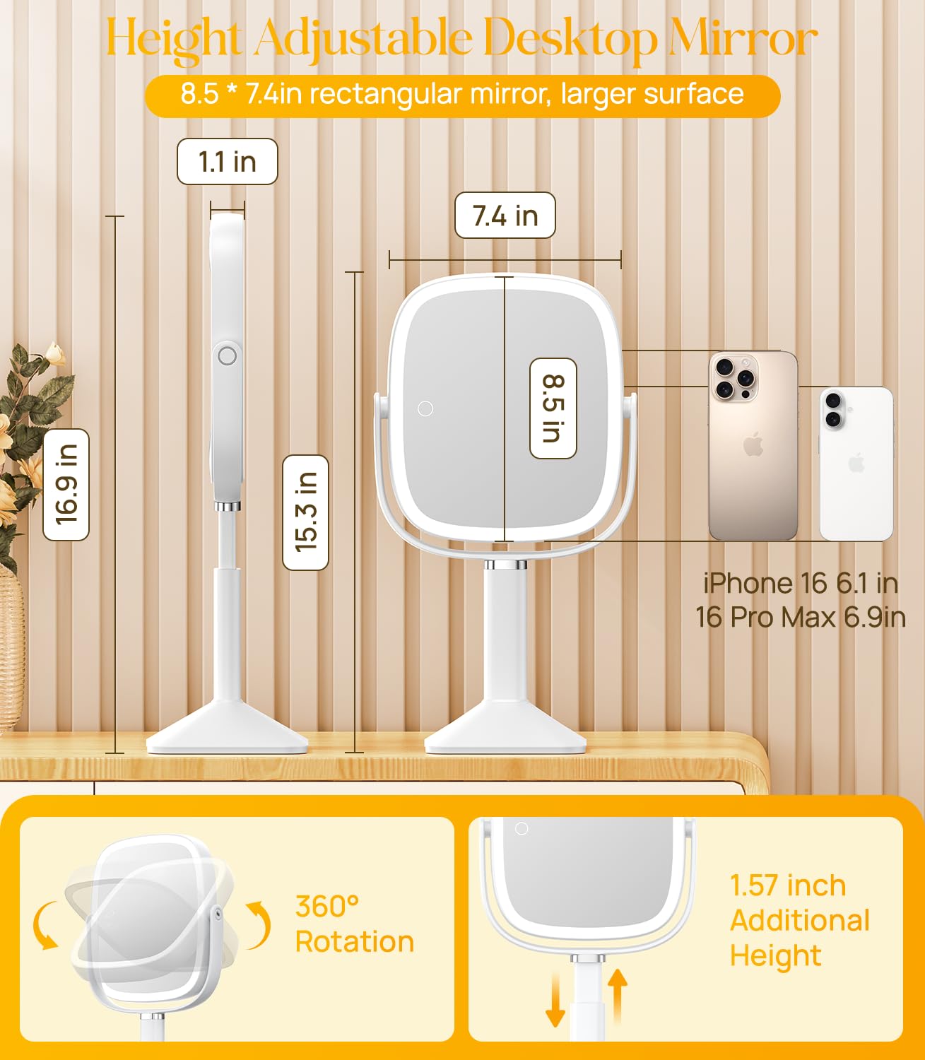 Gospire Rectangle Lighted Makeup Mirror with Magnification, 10X Magnifying Mirror with Lights 3 Color, Height Adjustable and 4000mAh Battery for Bedroom Bathroom, Large Surface for Women or Men- White