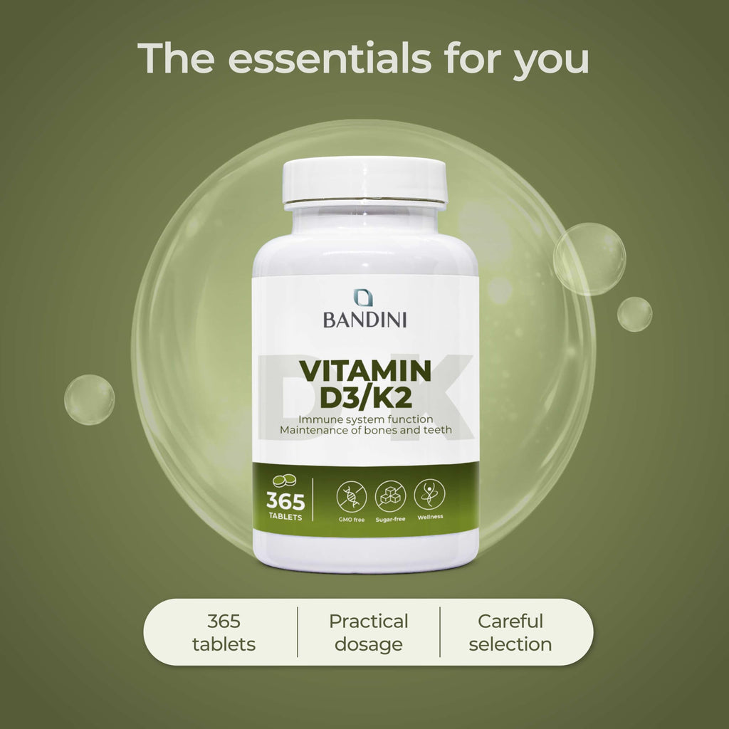 Bandini® Vitamin D3 K2 | 365 Easy-to-Swallow Tablets for 1 Year | 2000 IU