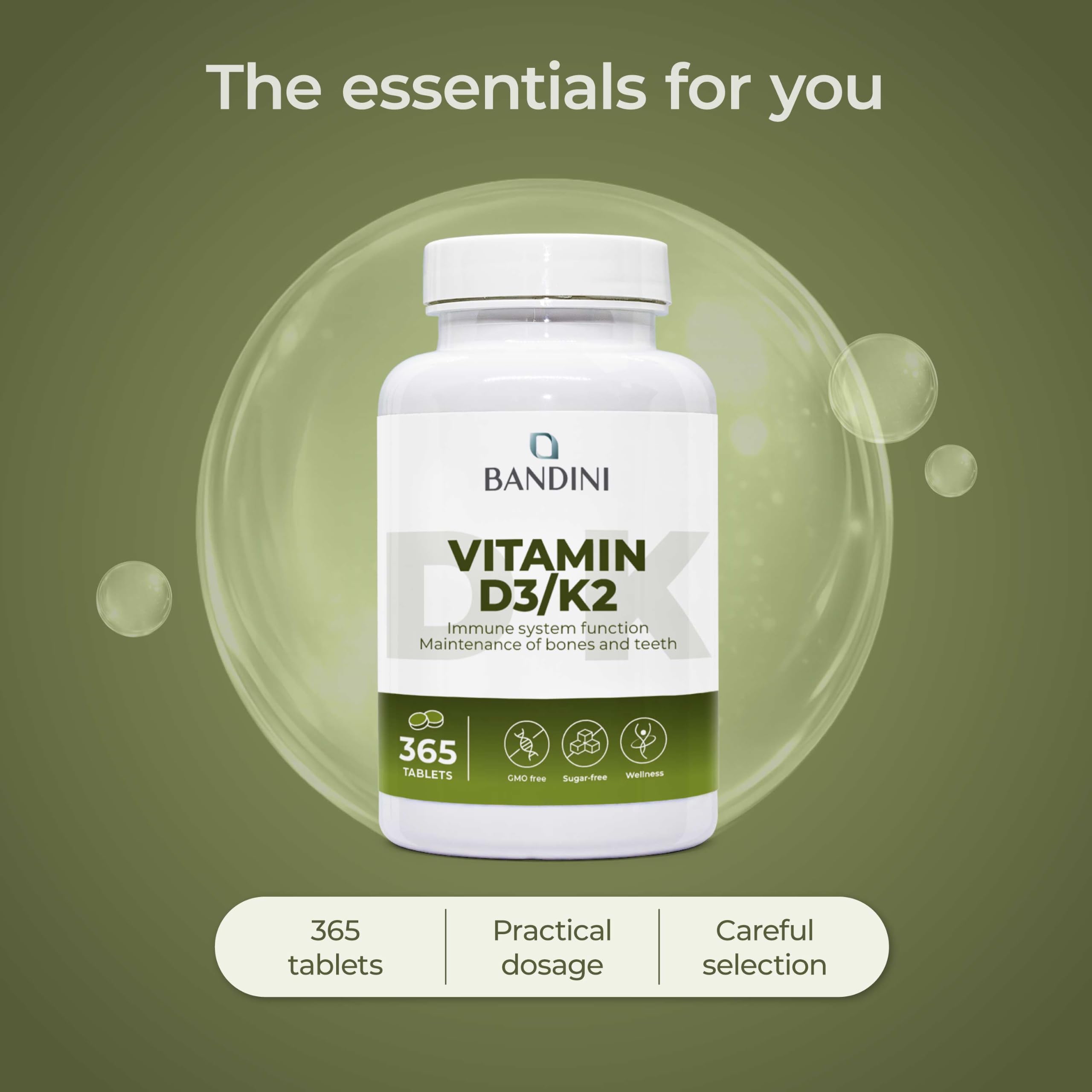 Bandini® Vitamin D3 K2 | 365 Easy-to-Swallow Tablets for 1 Year | 2000 IU