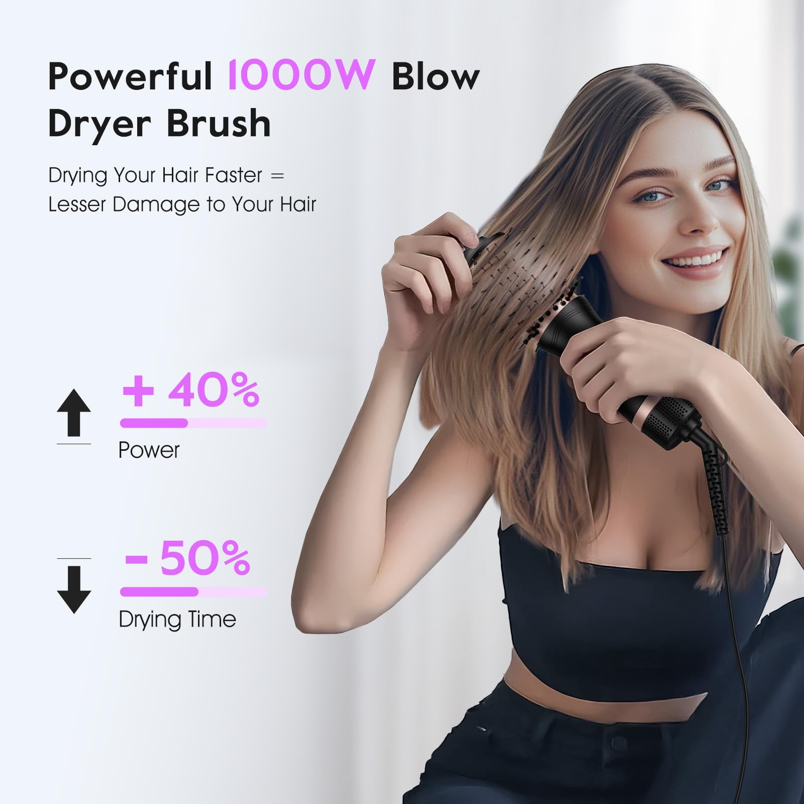 slopehill Mini Travel Dual Voltage Hair Dryer Brush,1000 Watts Hot Air Brush with European Plug, Ionic Hair Dryer and Styler for Women, Oval Barrel 2 Heat & 2 Speed Settings for International Travel
